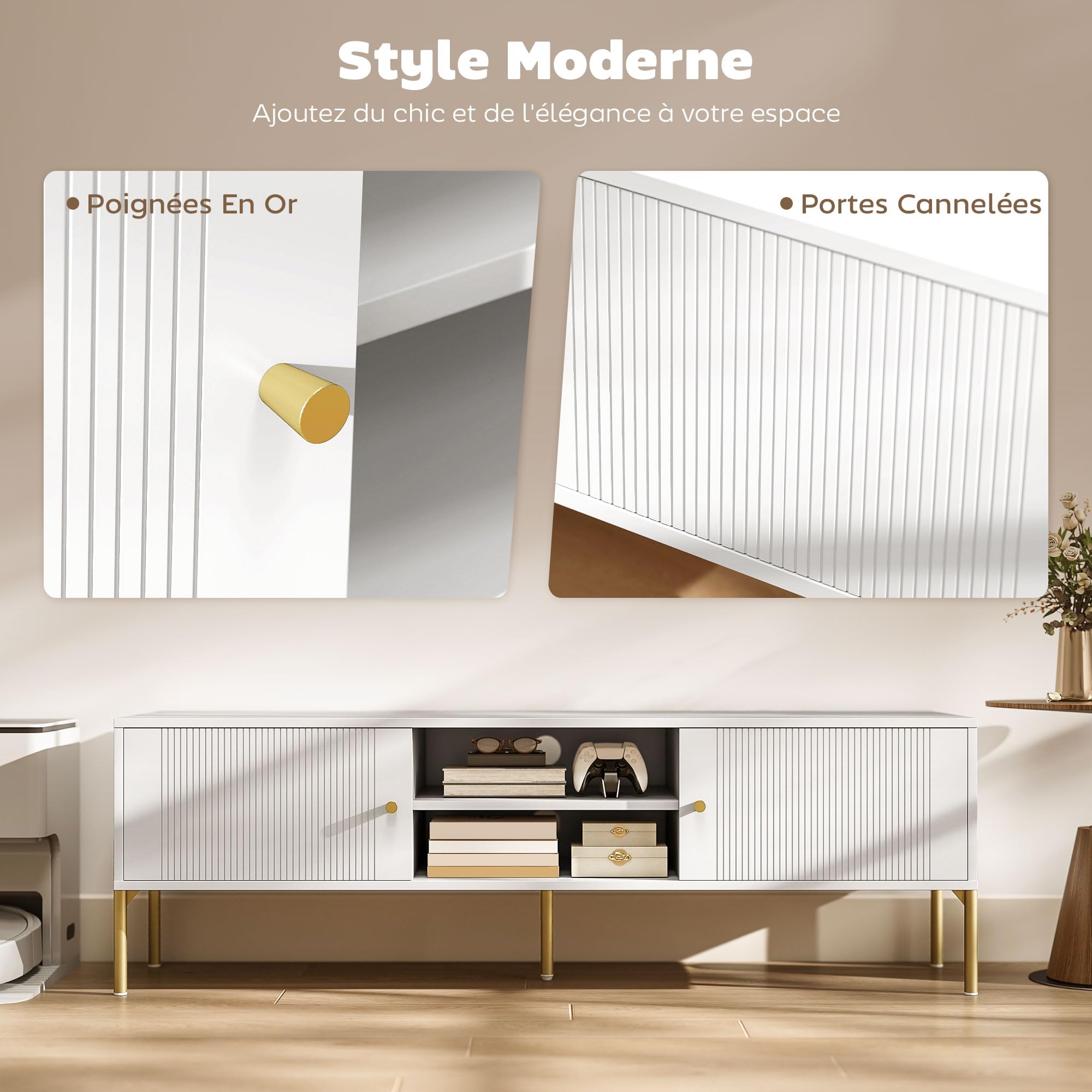 HOMCOM Meuble TV 140 cm, Meuble télé pour téléviseur jusqu'à 65 Pouces avec 2 Portes, 2 Compartiments Ouverts et Pieds en Acier, 2 Passe-câbles, Banc TV Moderne pour Salon, Chambre à Coucher, Blanc
