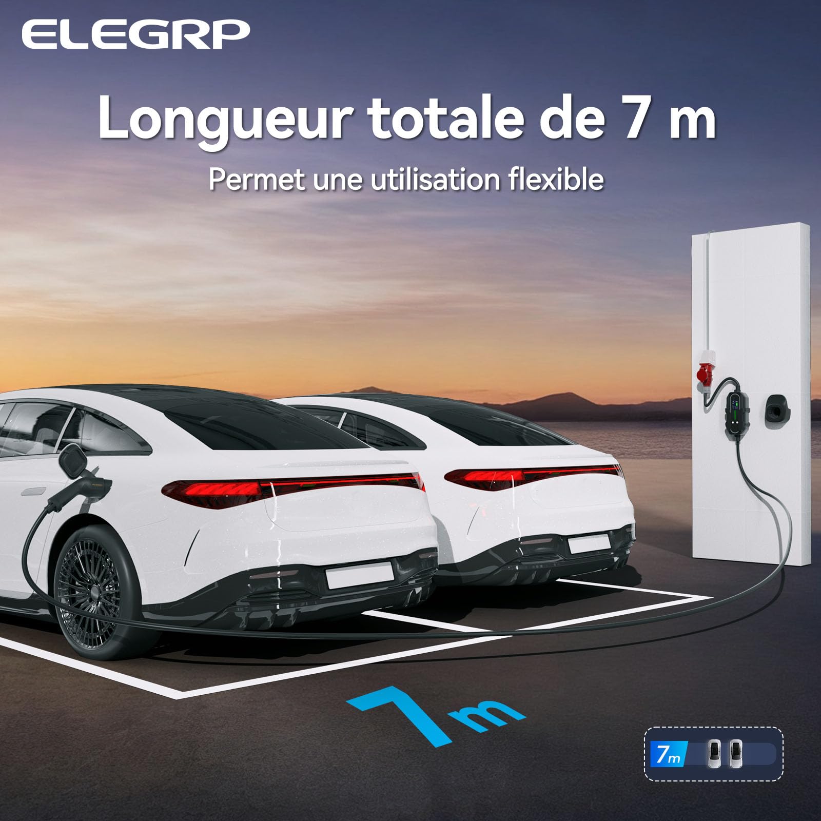ELEGRP 11 KW Mobile Wallbox avec câble de Recharge de Type 2, Chargeur EV triphasé, réglable de 6 à 16 A, câble de 7 m, étanche IP67, Station de Recharge Mobile IEC 62196-2