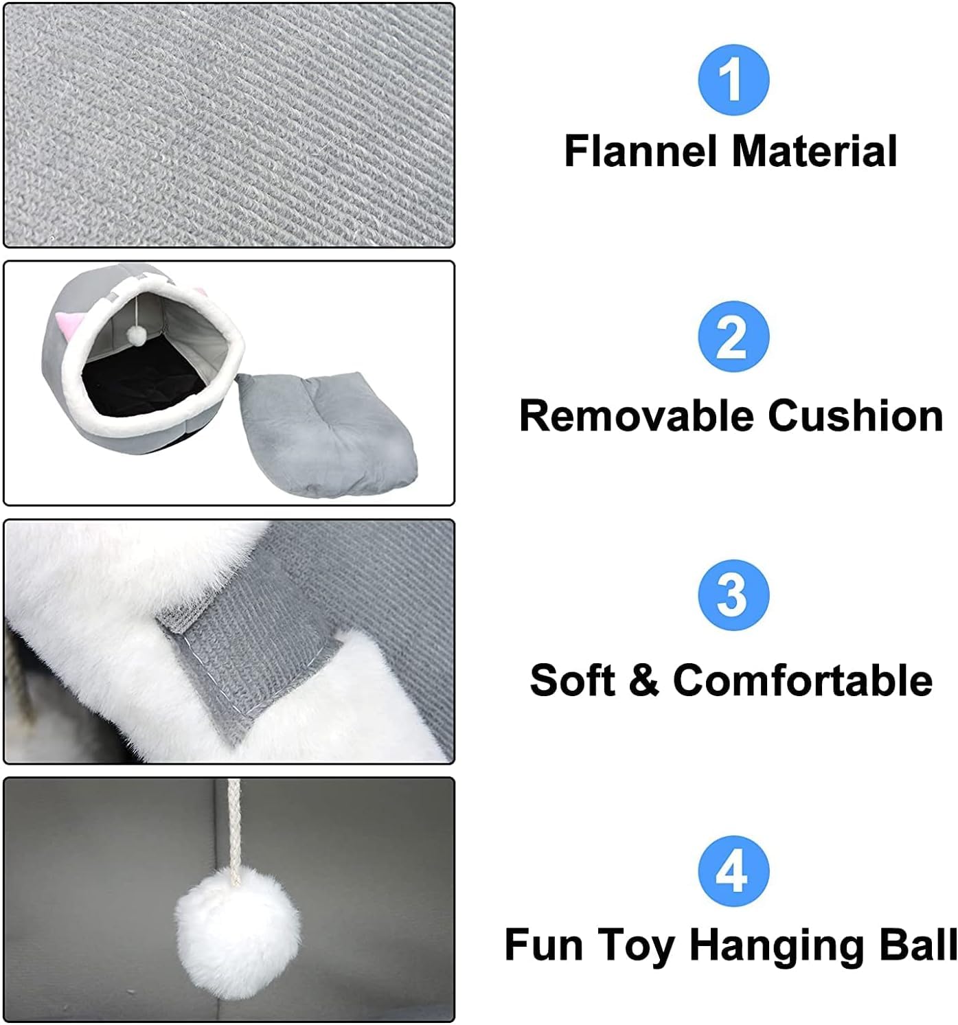 سرير للقطط والقطط الصغيرة والقطط الصغيرة شبه المغلقة مع كرة قطيفة، مساحة كبيرة للقطط للنوم، سرير قطط ناعم ومريح مع بساط قابل للغسل والفصل، خيمة للقطط مضادة للانزلاق (مقاس L)