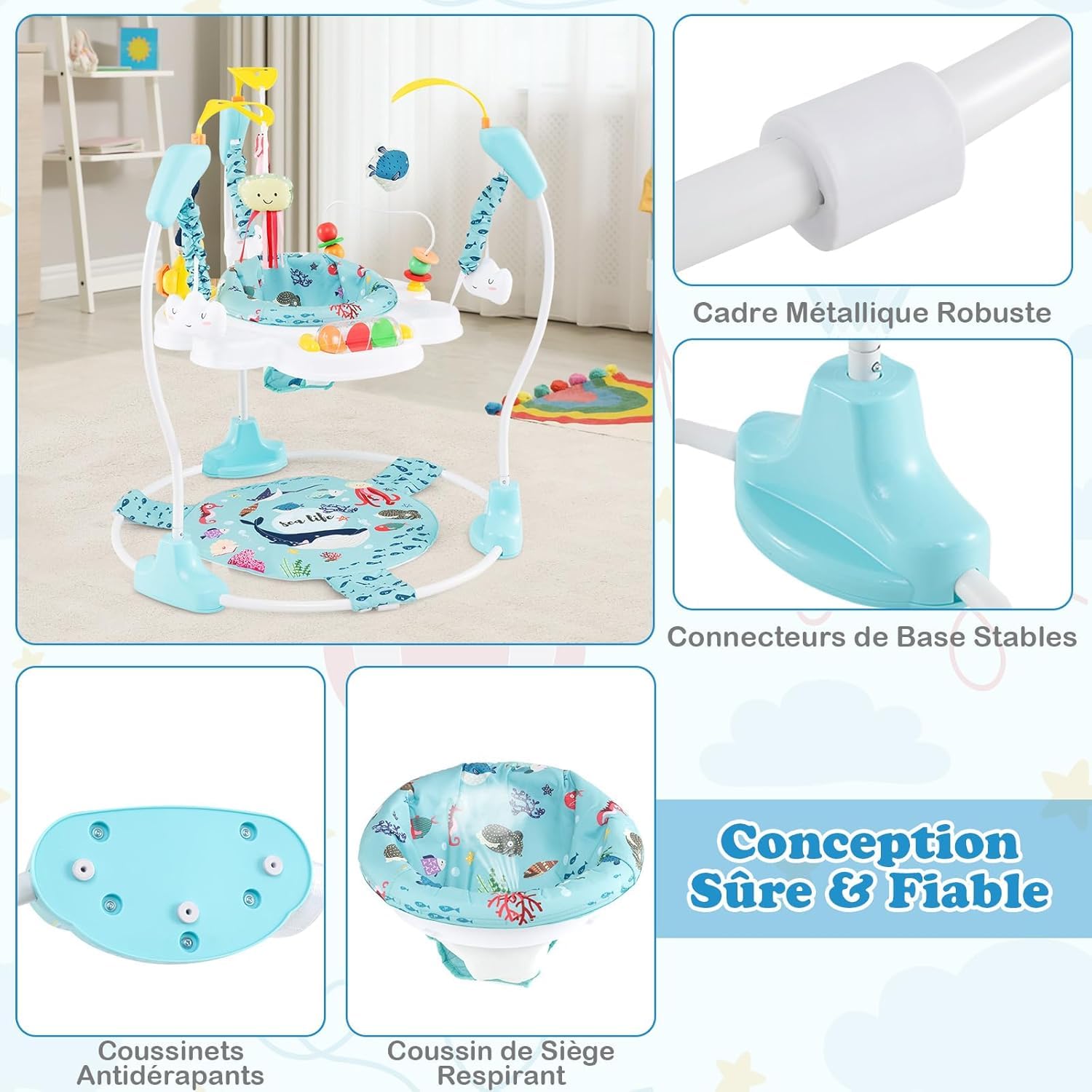 DREAMADE Jumperoo Jungle Bébé avec Siège Pivotant 360°&Amovible,Aire d'Éveil à Rebonds Animaux avec 3 Hauteurs& 9 Jouets&Musique&Lumière,Jouet Enfants 6Mois+ (Bleu+Océan)