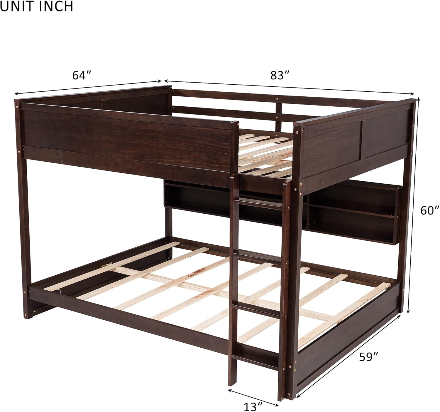 Queen Over Queen Bunk Bed with Storage Bookshelf, USB Charging Station, Guardrails, Wood Frame with Ladder for Adults Kids Boys, No Box Spring Needed, Brown