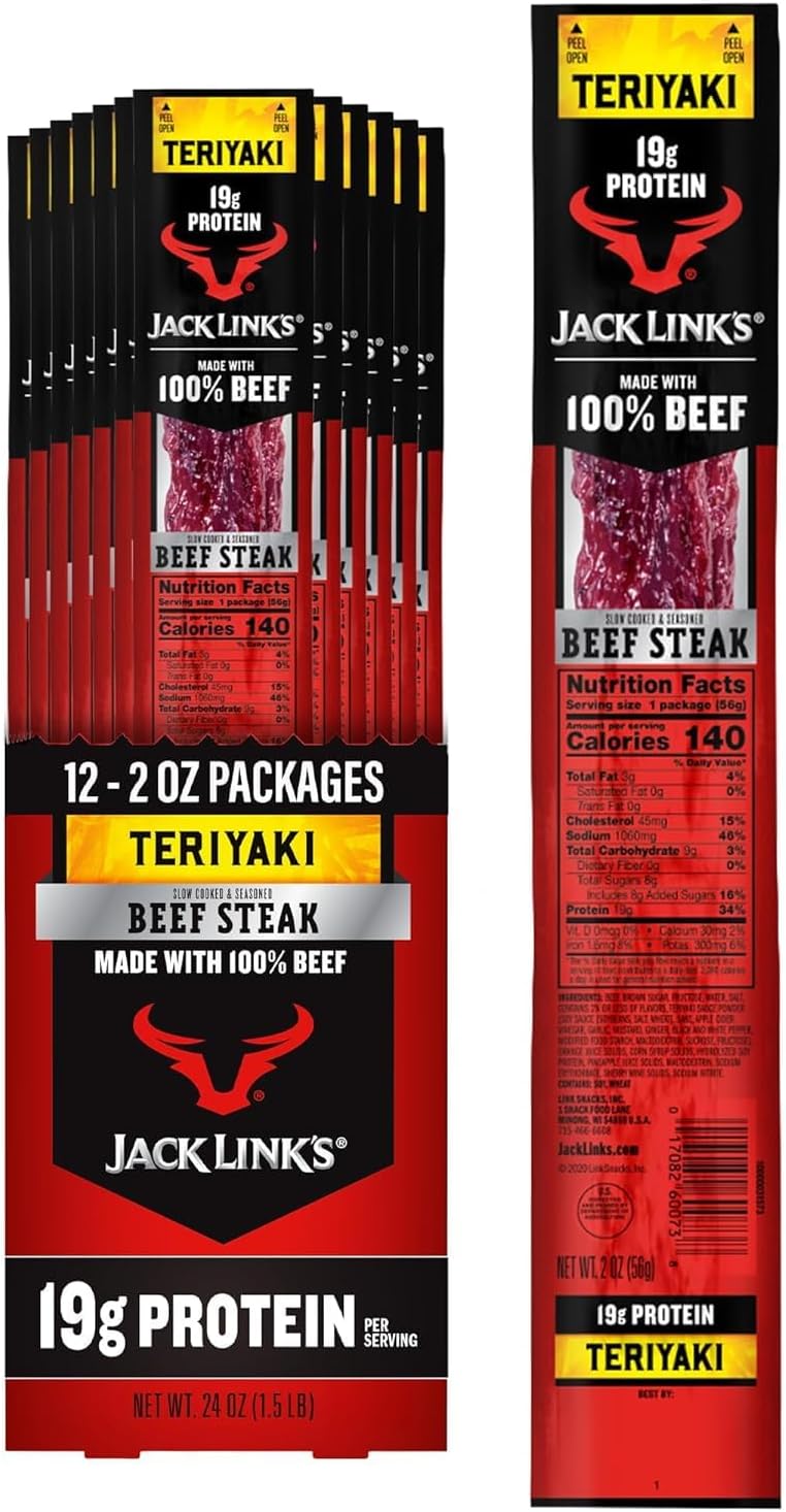 Teriyaki Beef Jerky Steaks - Ready to Eat Real Meat Protein Snacks - 18g Protein per Serving - Made with 100% Real Beef - (12 Pack) 2 oz Meat Snacks