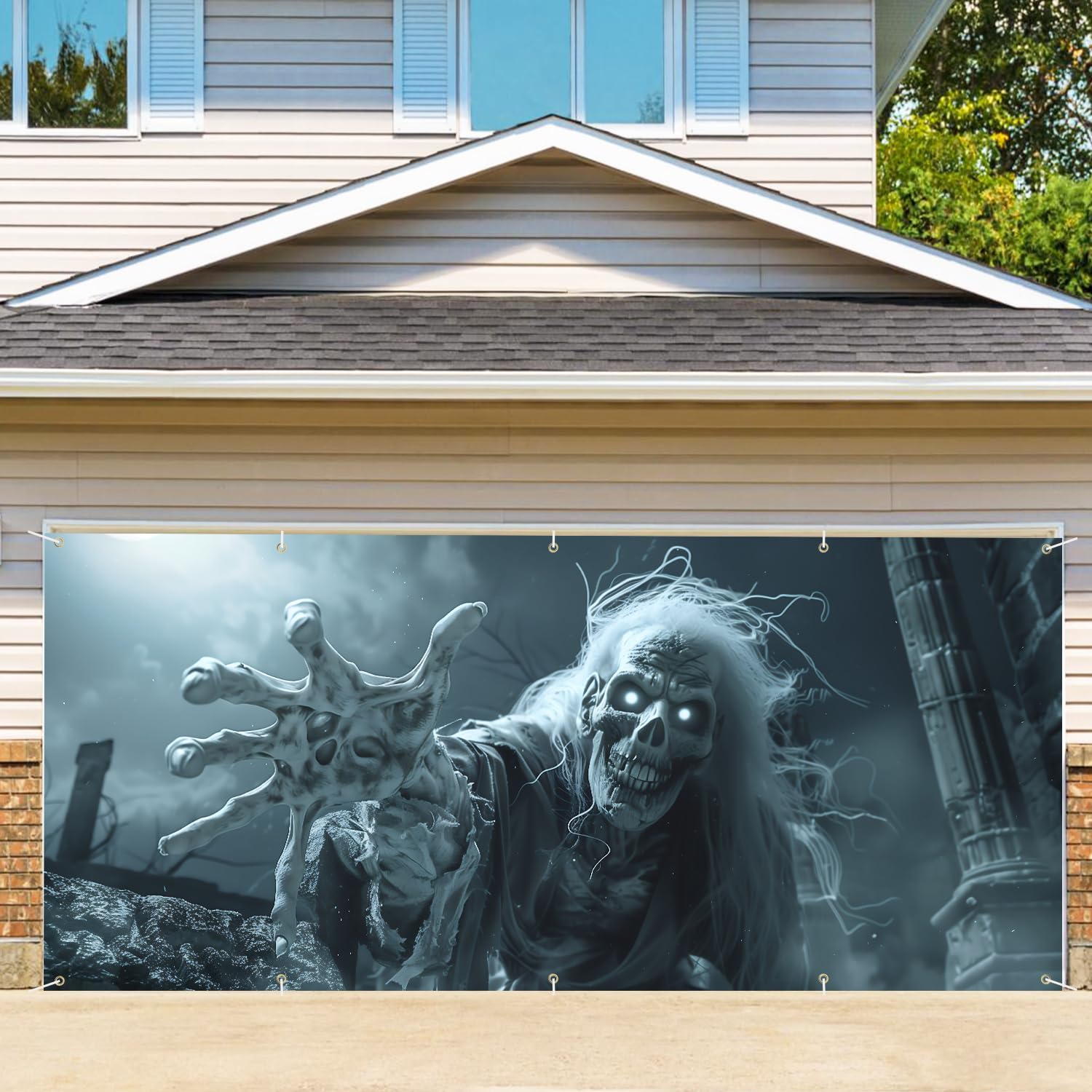 7 x 16 ft Halloween Garage Door Decorations Halloween decorations Witch Door Cover, Hanging Banner, Cauldron Backdrop Mural for Home, Outdoor, Indoor, Spooky Party, Wall, Window (Zombie, 7 x 16 ft)