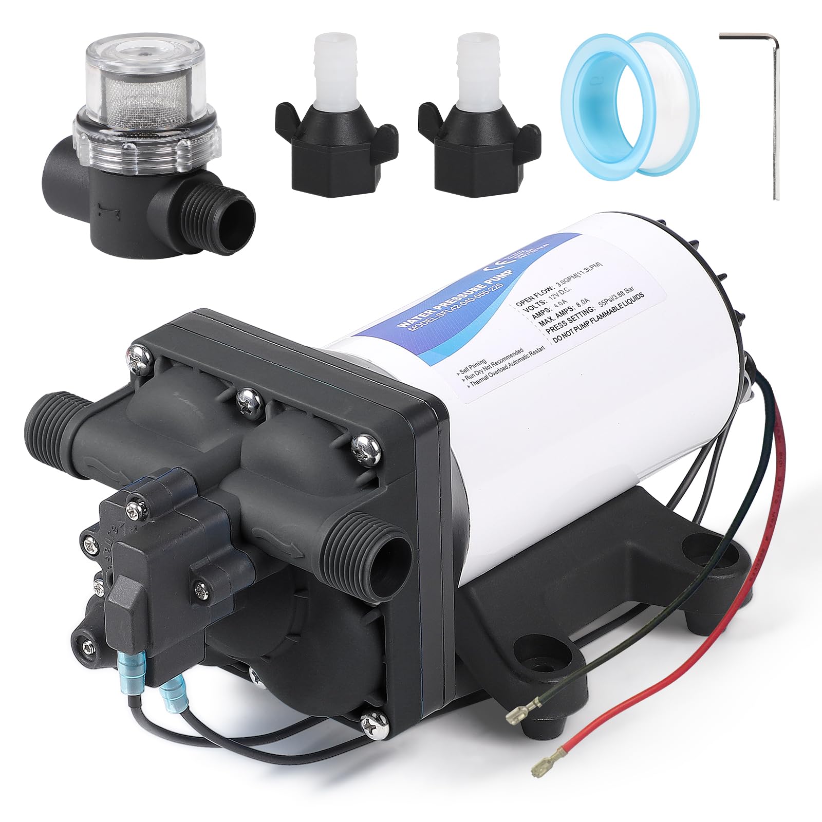 CPROSP Bomba de Agua 12v, 11,3L/min 49,2W, Bomba de Membrana Autocebante para Autocaravana, Bomba de Diafragma con Interruptor de Presión, 3,8Bar (55Psi), para Caravanas, Autocaravanas, Barcos