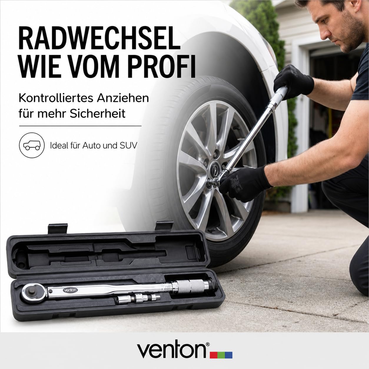 VENTON Klucz dynamometryczny 10-210 Nm zestaw 1/2" wraz z adapterem 3/8" | precyzyjne narzędzie samochodowe do wymiany kół z grzechotką