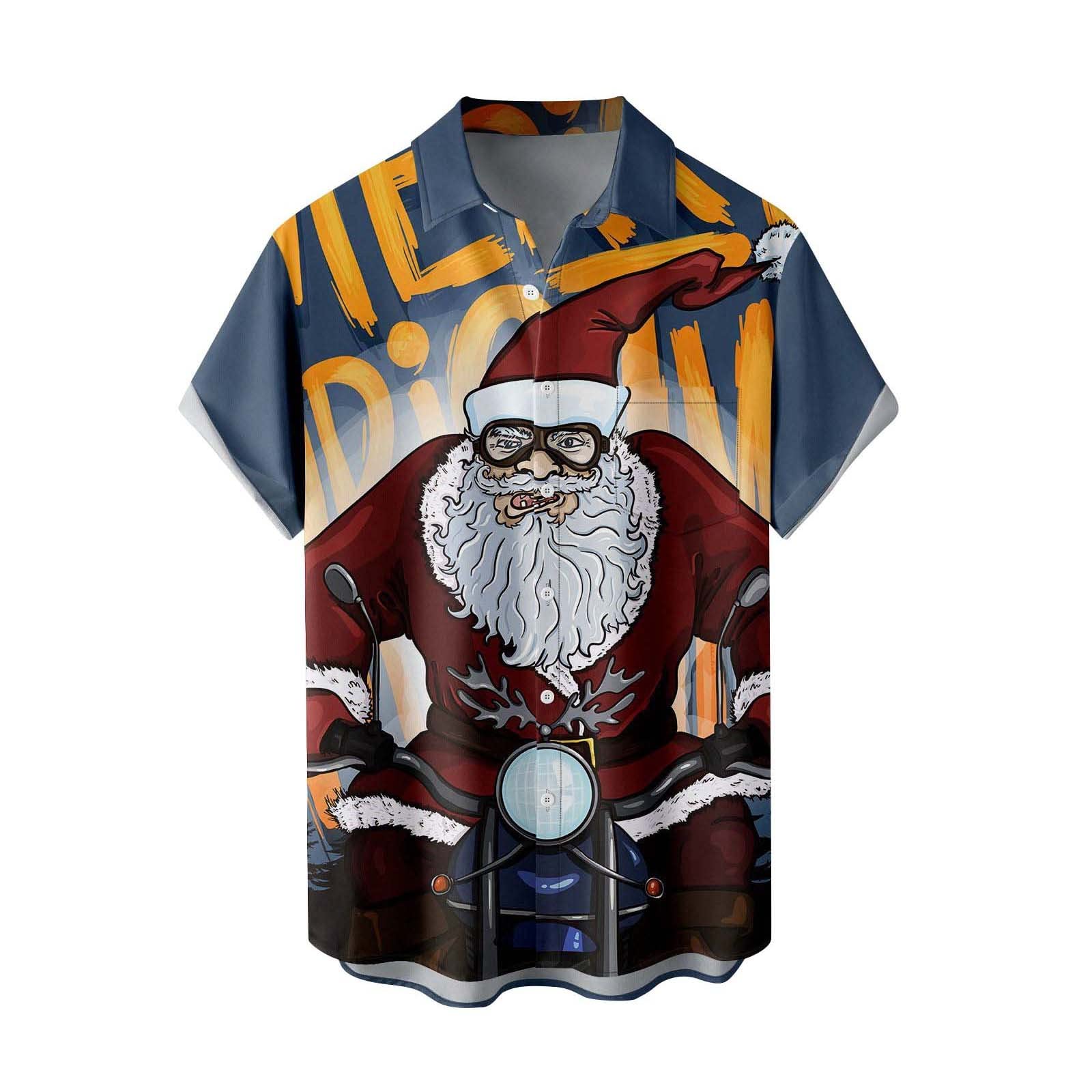 Christmas Hawaiian T Shirts for Men Big and Tall Button Up Funky Party Aloha Shirts Santa Print Hawaiian Shirt Tops