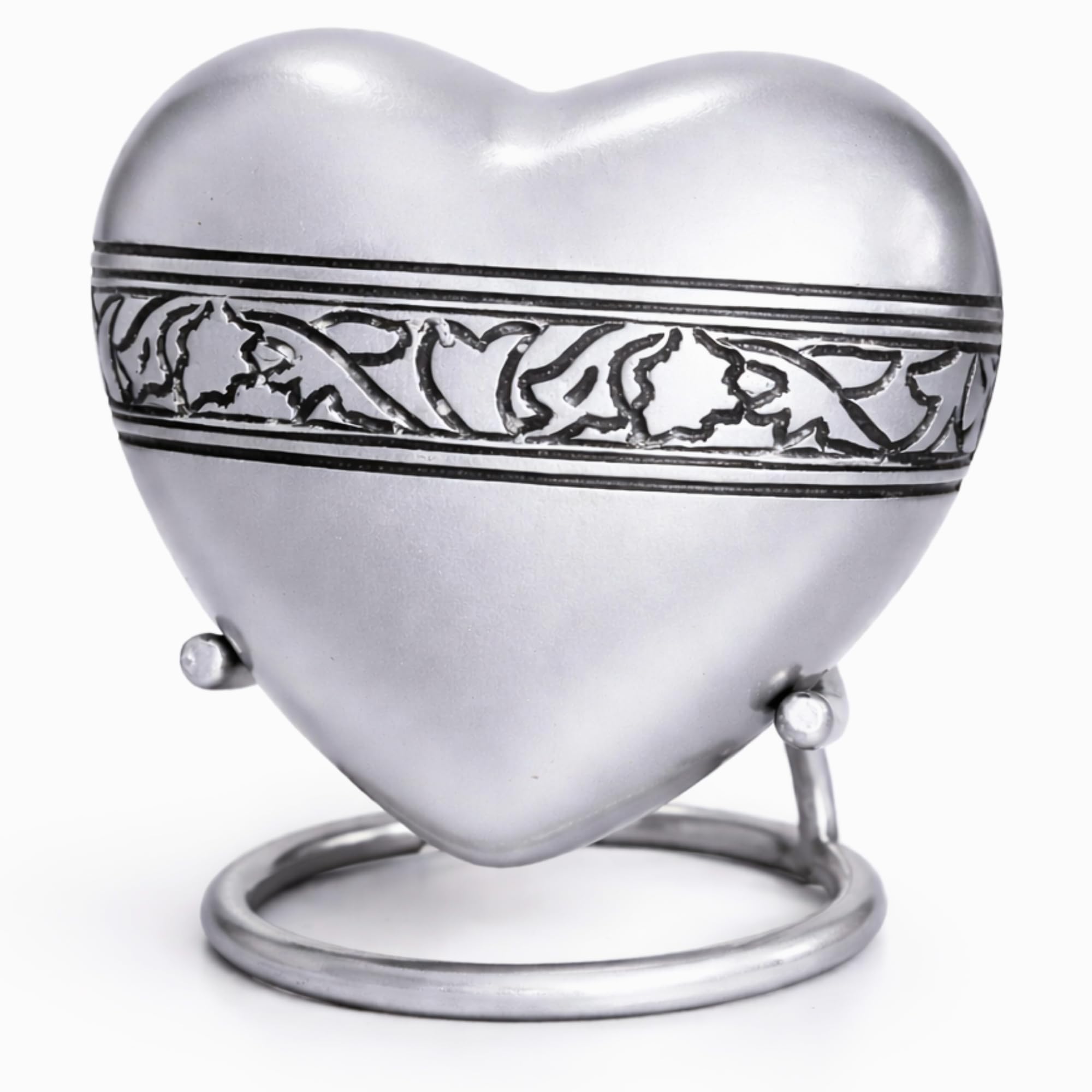 Silver Heart Keepsake Urn with Stand – Engraved Memorial Heart for Ashes – Small Cremation Keepsake for Human or Pet Ashes – Decorative Aluminium Funeral Memorial.