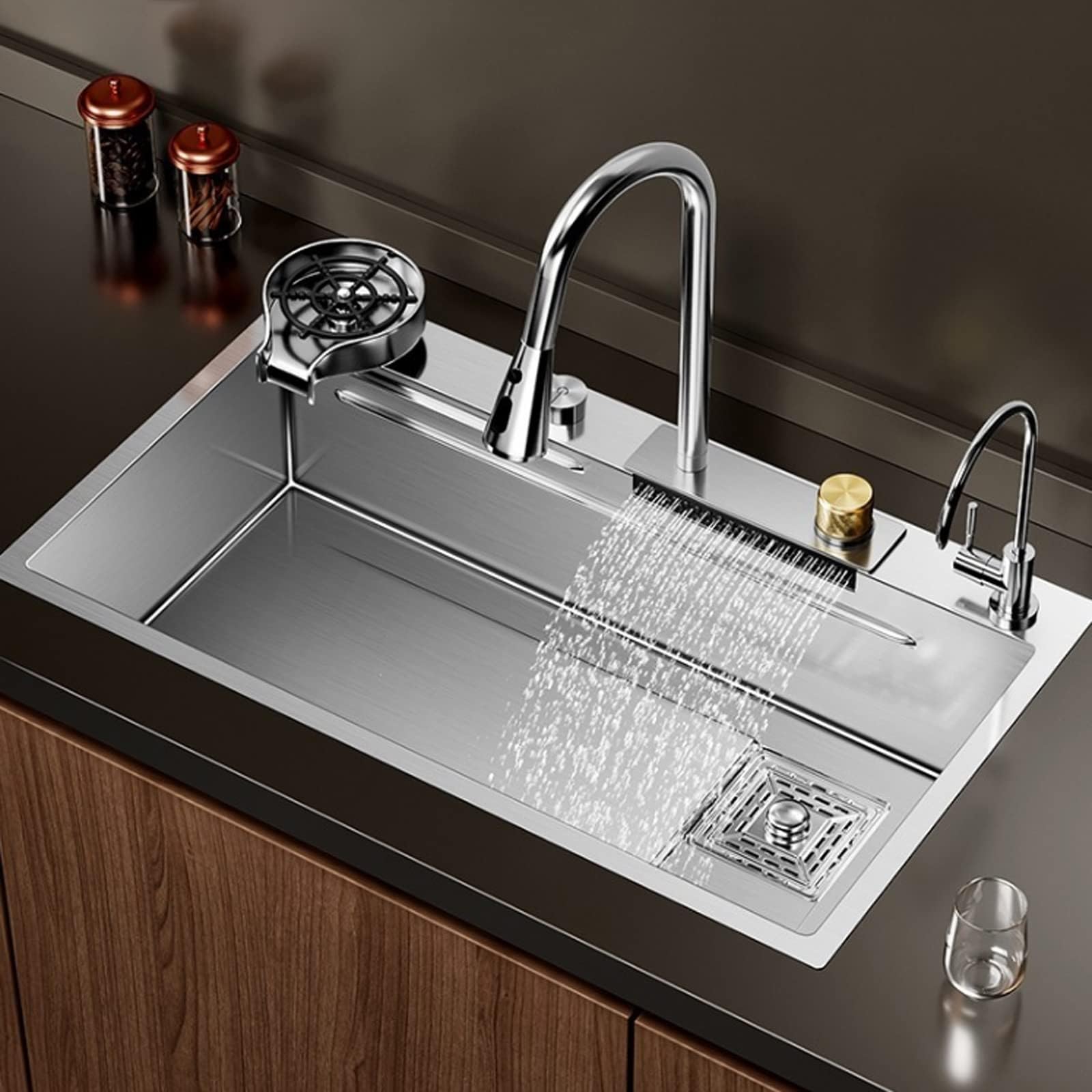 Professional Stainless Steel Kitchen Sink with Pull Out Faucet, Nano Raindance Waterfall Design, Vegetable Basin and Under Cup Washer