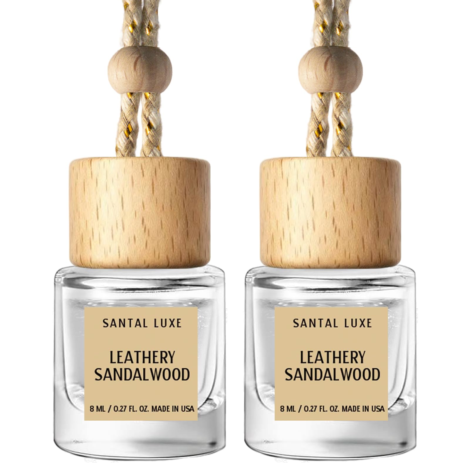 C Classy Hanging Car Air Freshener 2 Pack, Leathery Sandalwood Essential Oil Diffuser, Long-Lasting Fragrance, Cute Glass Bottle Car Accessories for Women &amp; Men, Made in USA
