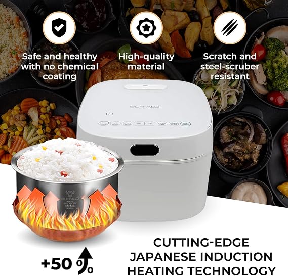 Buffalo SMART COOKER Induction Heating IH Rice Cooker and Warmer, 1 L, 5 cups of rice, Non-Coating inner pot, Efficient, Multiple function, White (5 cups) | Non-Stick 1L Electric Rice Maker, Warmer for White/Brown Rice, Grain - Easy-to-clean & Non-Coating Inner Pot, White