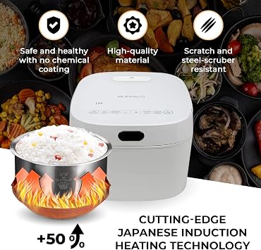 Buffalo SMART COOKER Induction Heating IH Rice Cooker and Warmer, 1 L, 5 cups of rice, Non-Coating inner pot, Efficient, Multiple function, White (5 cups) | Non-Stick 1L Electric Rice Maker, Warmer for White/Brown Rice, Grain - Easy-to-clean & Non-Coating Inner Pot, White