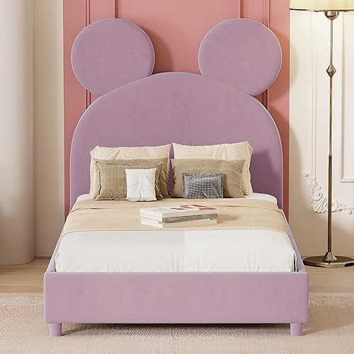 Base de cama tapizada de tamaño individual, marco de cama de madera de pino con cabecera en forma de oreja de oso, marco de cama individual bajo