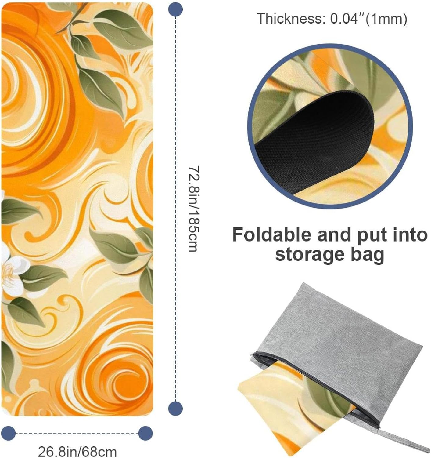 Yoga Towel, Orange Pattern Non Slip Sweat Absorbent Hot Yoga Mat Towel for Hot Yoga, Pilates and Fitness - 72.8" x 26.8"