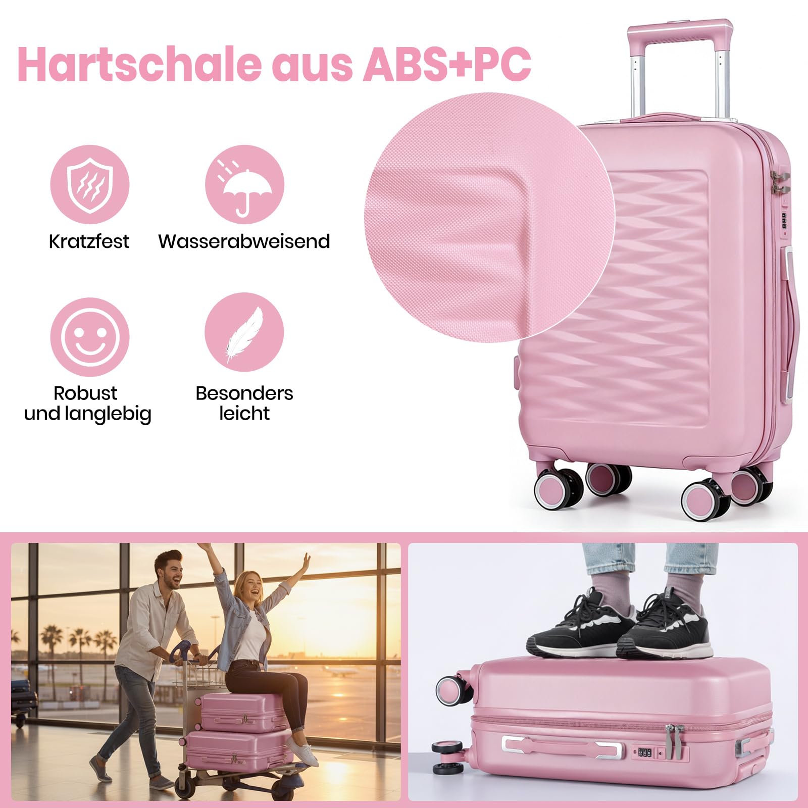 H.yeed 20 Zoll Handgepäckkoffer mit 12 Zoll Kosmetikkoffer, Leichtgewicht-Hartschale aus ABS, Trolley Reisekoffer mit 4 Doppelrollen, Rosa, 2-teilig