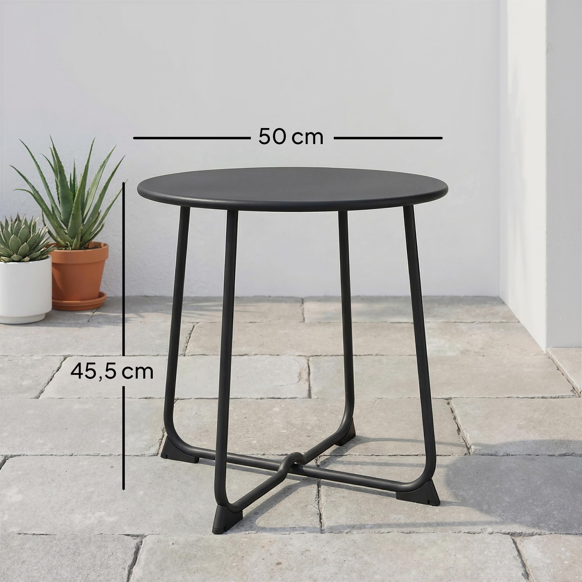 Outsunny Mesa de centro exterior para 2 personas, mesa de jardín redonda, base en X, estructura de metal, para balcón, patio, terraza, Ø 50 x 45,5 cm, color negro