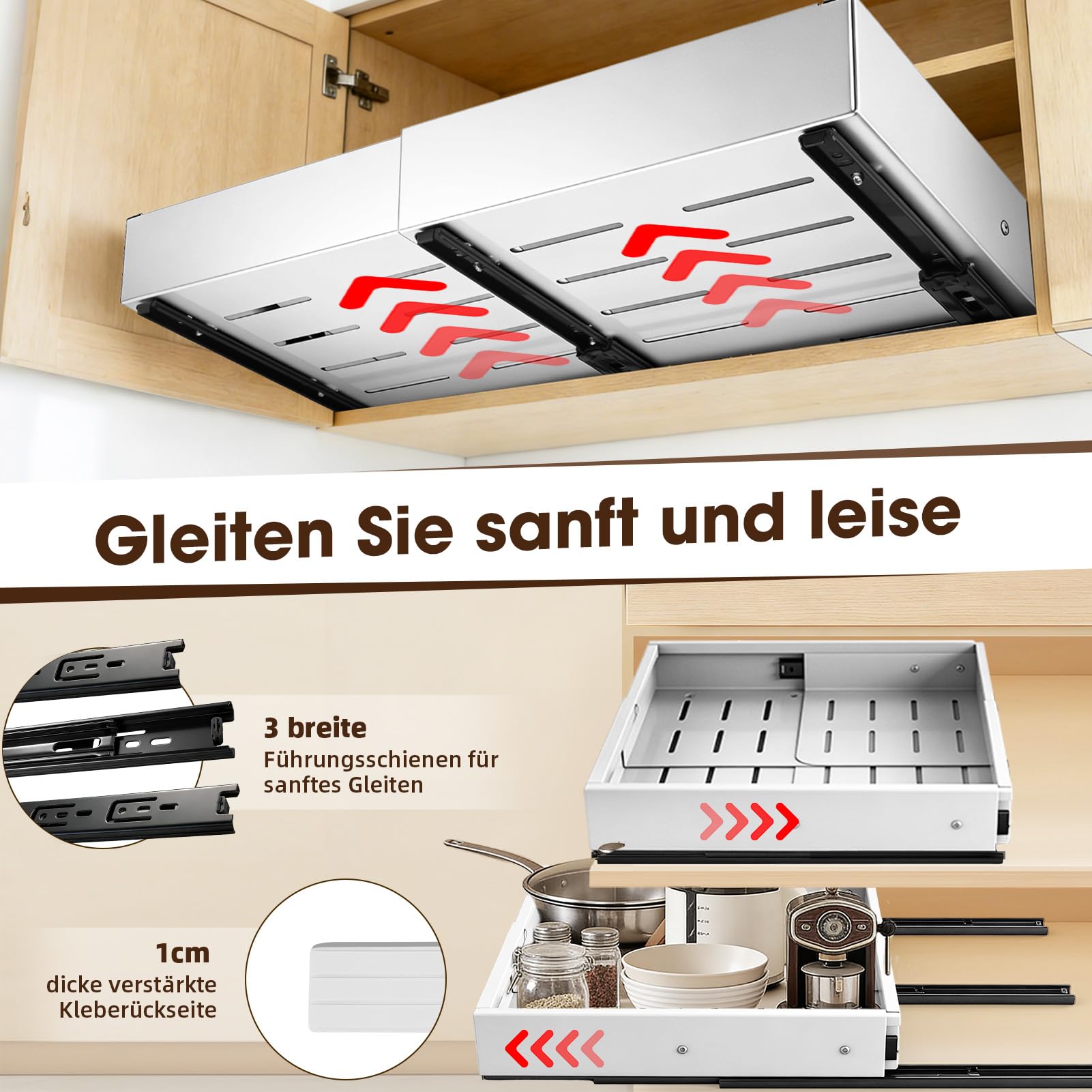 2 Stück 4 Richtungen Teleskopschublade,Metall Schrank-Schubladen-Organizer,erweiterbar ausziehbare schublade küche mit Kleber,Breite 29.5–48cm & Tiefe 41.5–58cm,für Küche Pantry Organisation