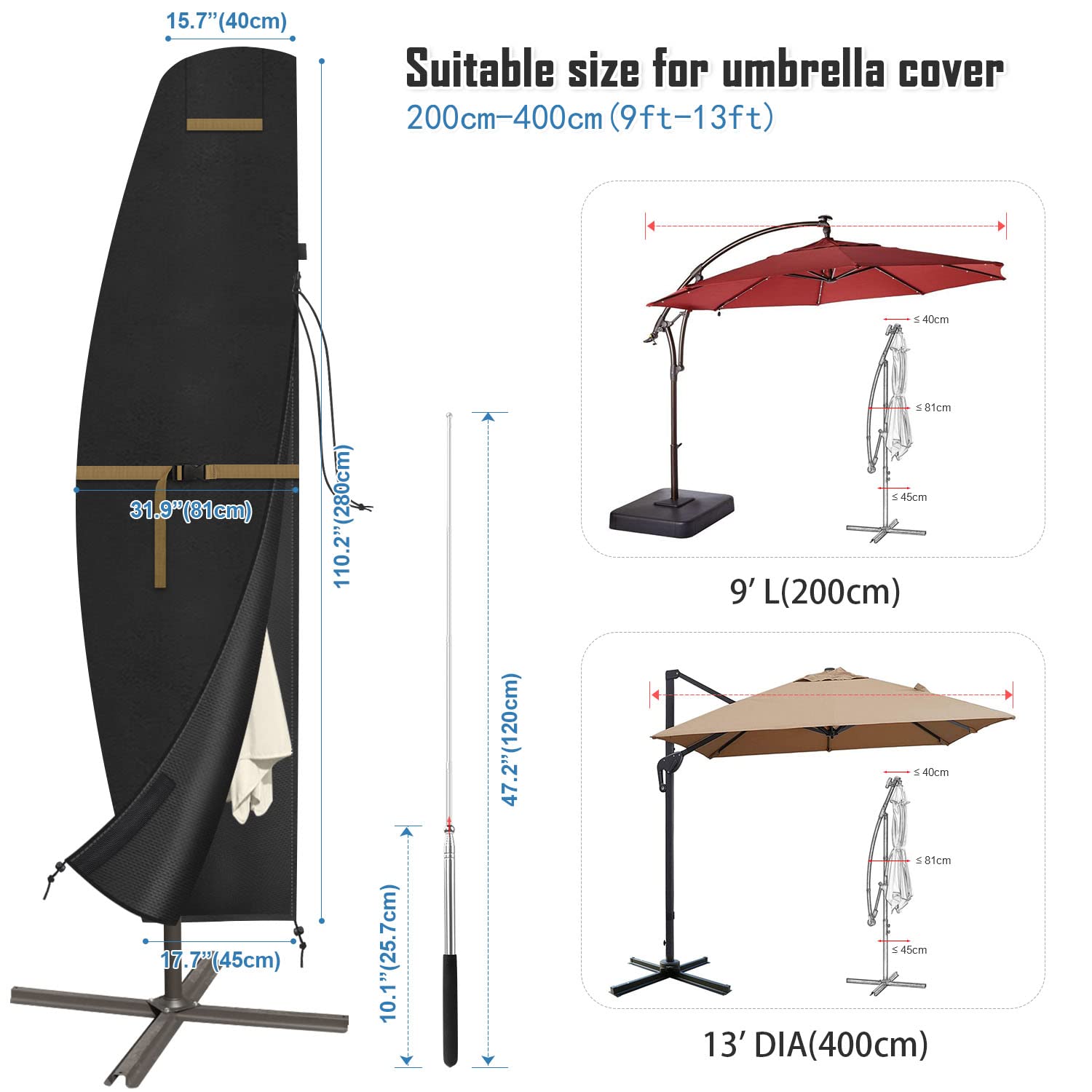 VANSHEIM Wodoodporny pokrowiec na parasol przeciwsłoneczny na duży, przesunięty parasol przeciwsłoneczny, zewnętrzny pokrowiec ochronny na Ø 2 do 4 m z prętem parasolowym 280 x 40/81/45 cm