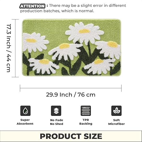 Miniatura 2 de Tapete de baño floral de secado rápido, lavable a máquina y antideslizante, para fregadero, dormitorio y ducha (30 x 17 pulgadas, margarita)