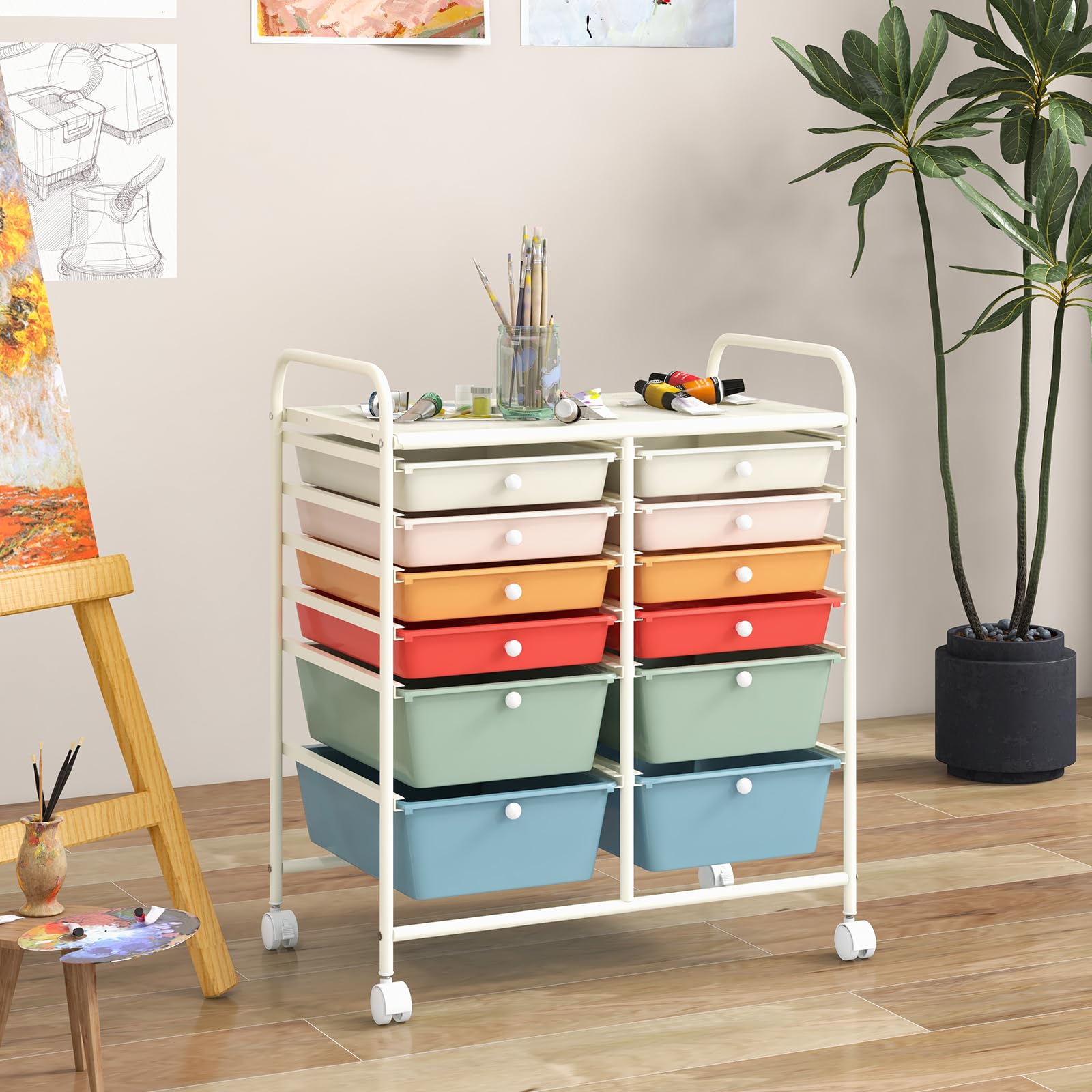 COSTWAY Chariot de Rangement à Roulette 12 Tiroirs en PP, Tour de Rangement avec Tablette, Cadre en Métal, Desserte Meuble Tiroir pour Cuisine Salle de Bain École, 64x38x75cm (Multicolor)