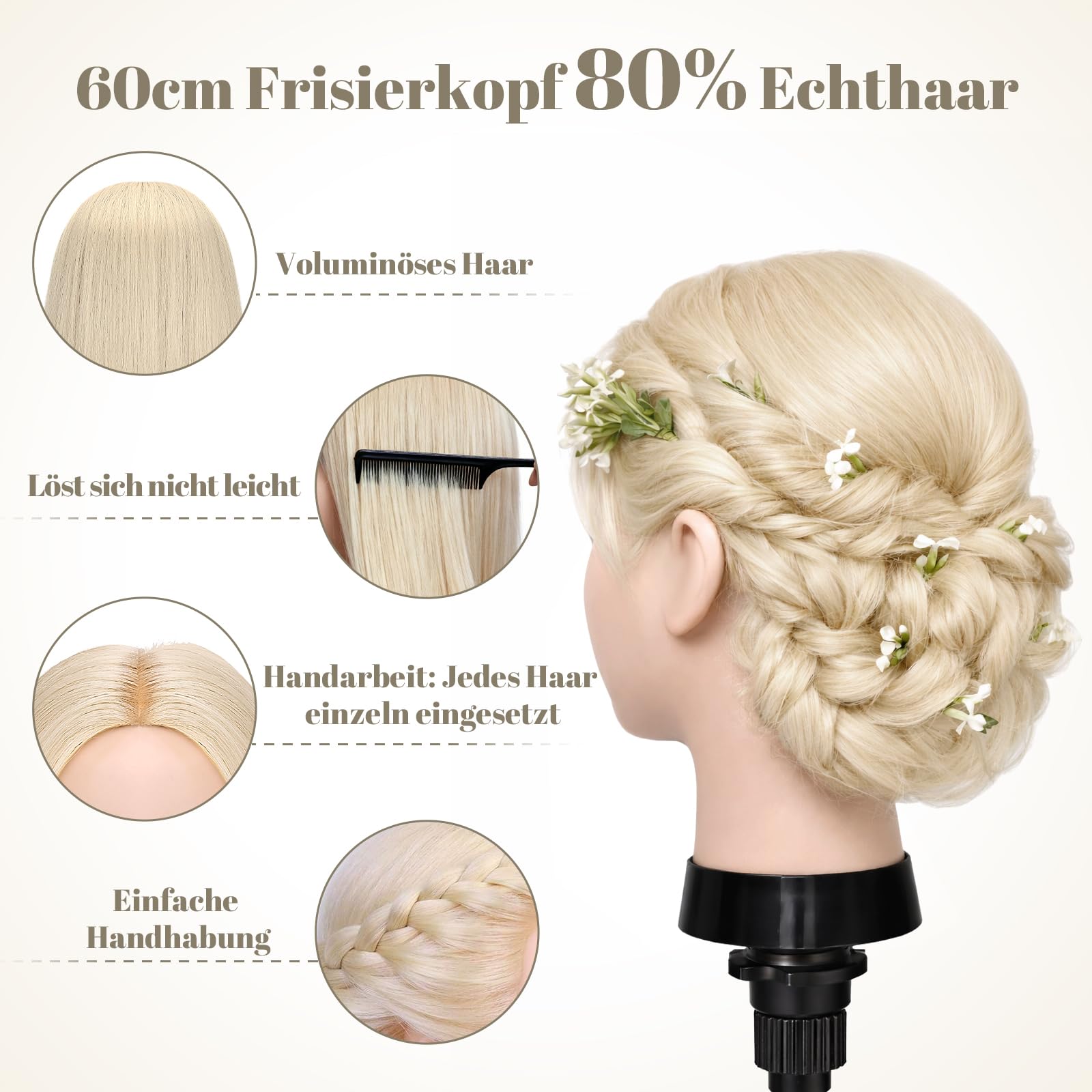 TwoWin Trainingsköpfe 80% Echtes Haar Blond Friseur Training Modell Mannequin Kopf mit Halterung Styling Glätten Locken Dauerwelle