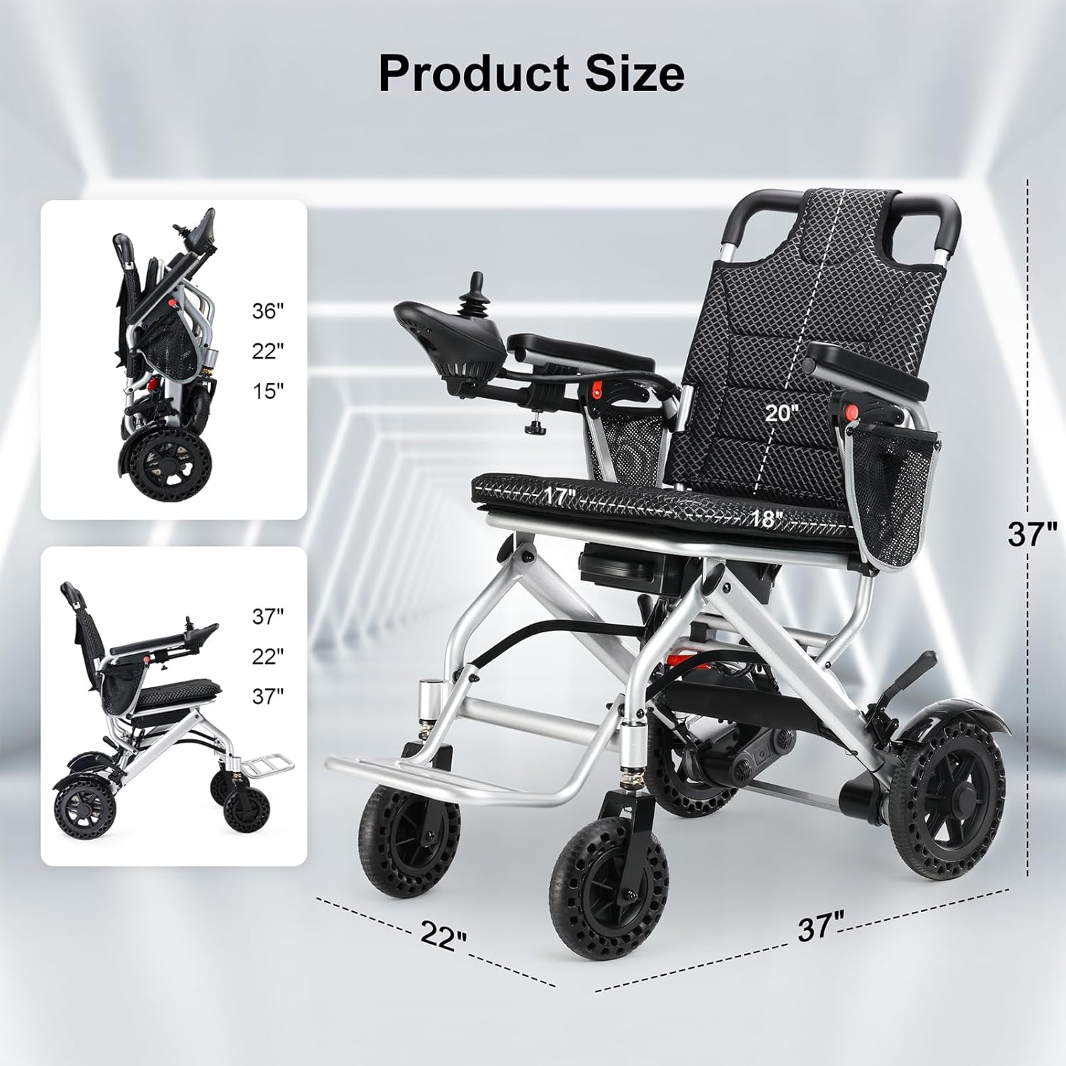 Silla de ruedas eléctrica ligera todo terreno, plegable, portátil, motorizada para adultos, aprobada por aerolíneas con control de joystick, fácil transporte y almacenamiento