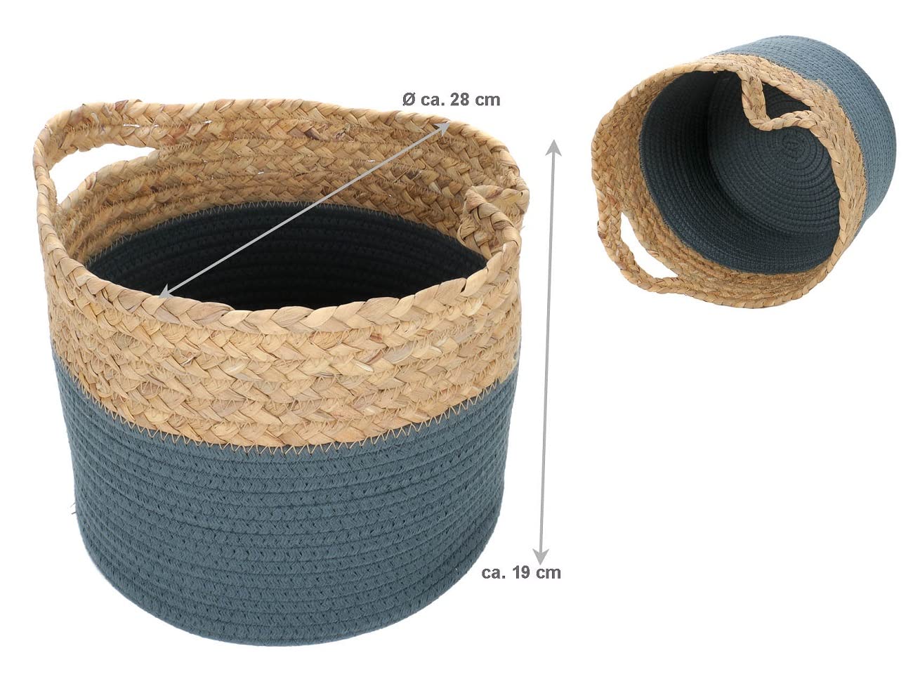 Aufbewahrungskörbe aus geflochtenem Seegras und farbigem Baumwoll-Seil, mit Tragegriffen, 3-er Set Körbe in verschiedenen Größen, (H) ca. 32, 26, 19 cm (Blau)
