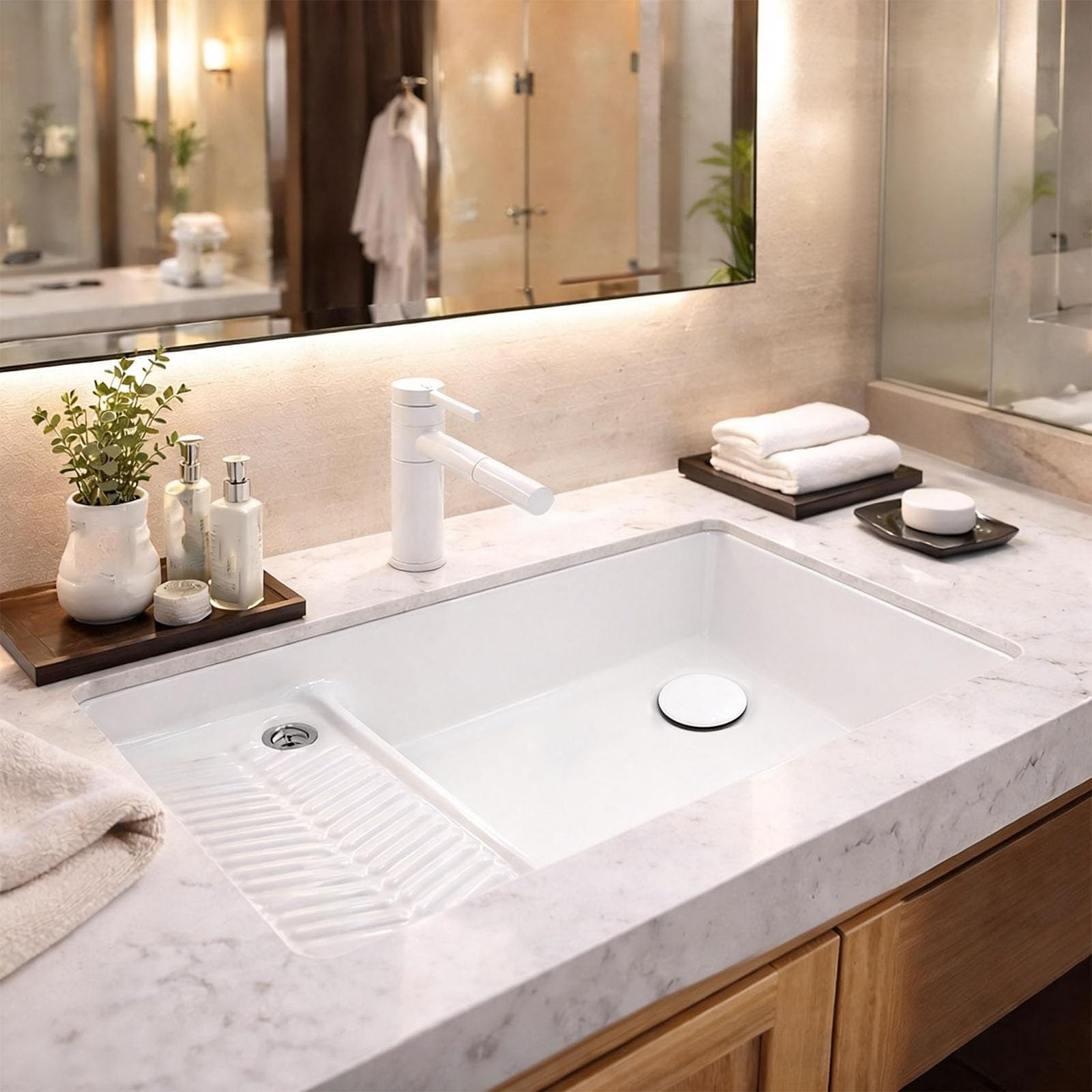 Fregadero blanco de cerámica de un solo cuenco para lavadero, lavadero, lavadero, lavabo, baño, tocador, moderno fregadero de porcelana blanca con escurridor y tubo de drenaje para inodoros (23 x 17