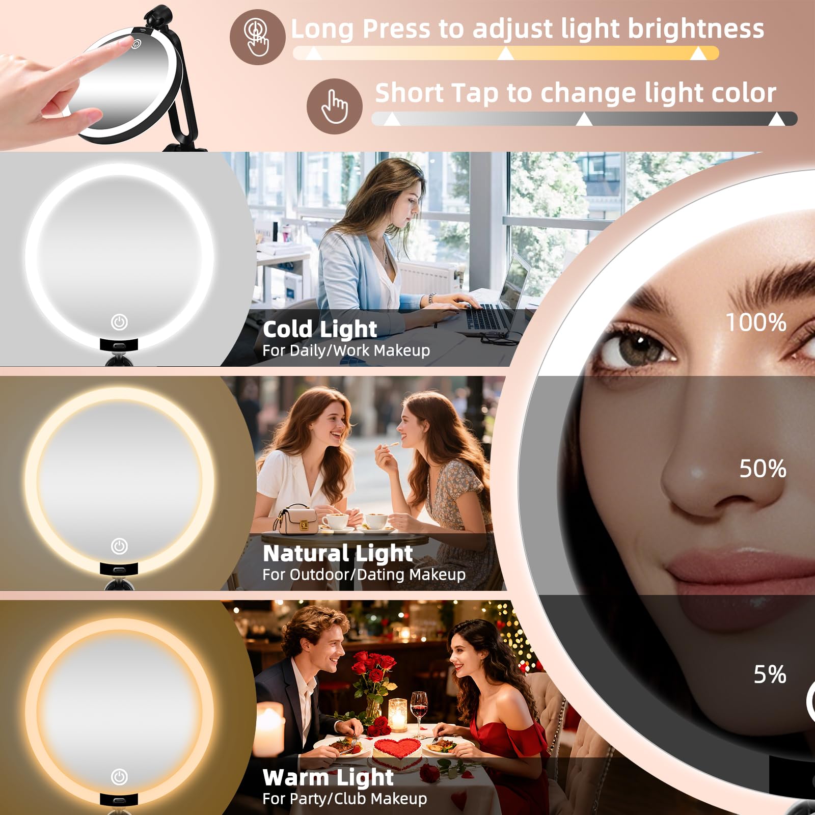 Espejo de maquillaje con aumento iluminado 30X/1X, espejo de maquillaje de doble cara con aumento 1X/30X y 3 luces de colores, espejo de escritorio recargable con aumento 30X y rotación de 360°