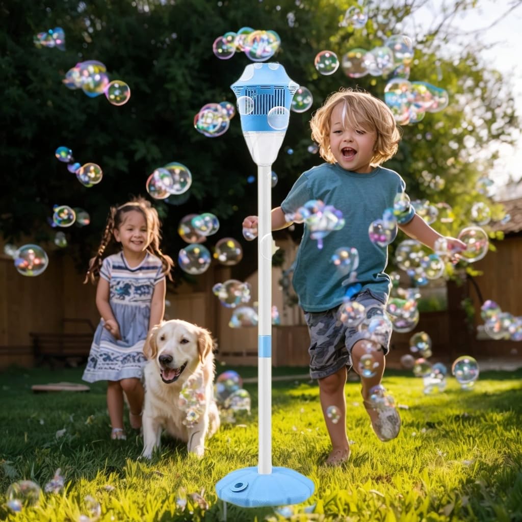 Standing Bubble Machine with Lights & Music, Rechargeable Bubble Machine for Kids Outdoor, Adjustable Height up to 47 Inch, Bubble Machine for Kids Wedding Party
