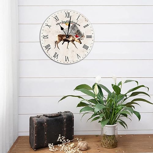 Miniatura 4 de Vintage Rustic Chic Round Wood Wall Clocks Merry Christmas Animal Moose Wooden Roman Numerals Clock Battery Operated Silent Non-Ticking Large Clocks