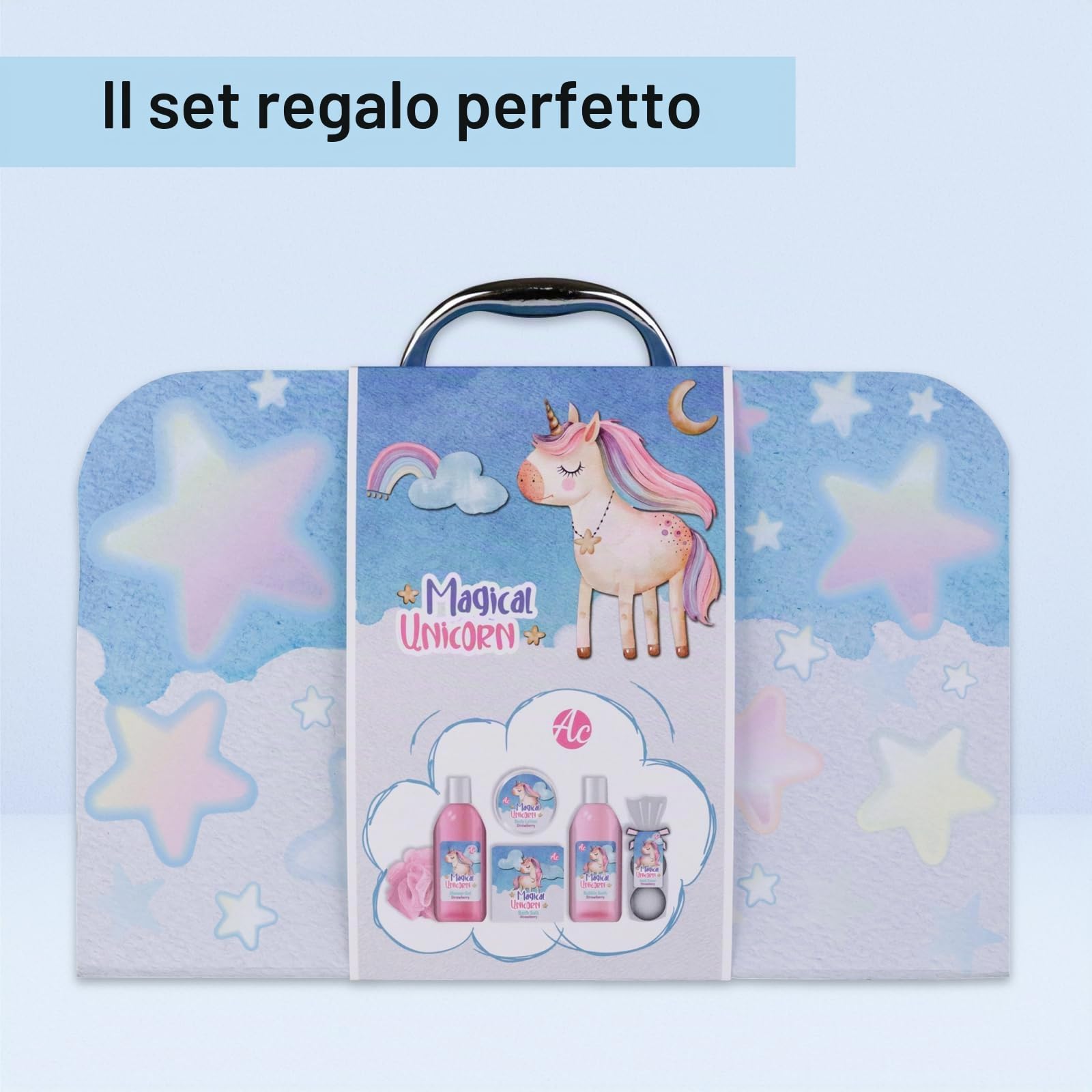 Accentra – Set regalo Magic Unicor per ragazze e donne – Set doccia 6 pezzi con bagno di schiuma, bomba da bagno, gel doccia, lozione per il corpo e altro ancora – Set per la cura con fragola e