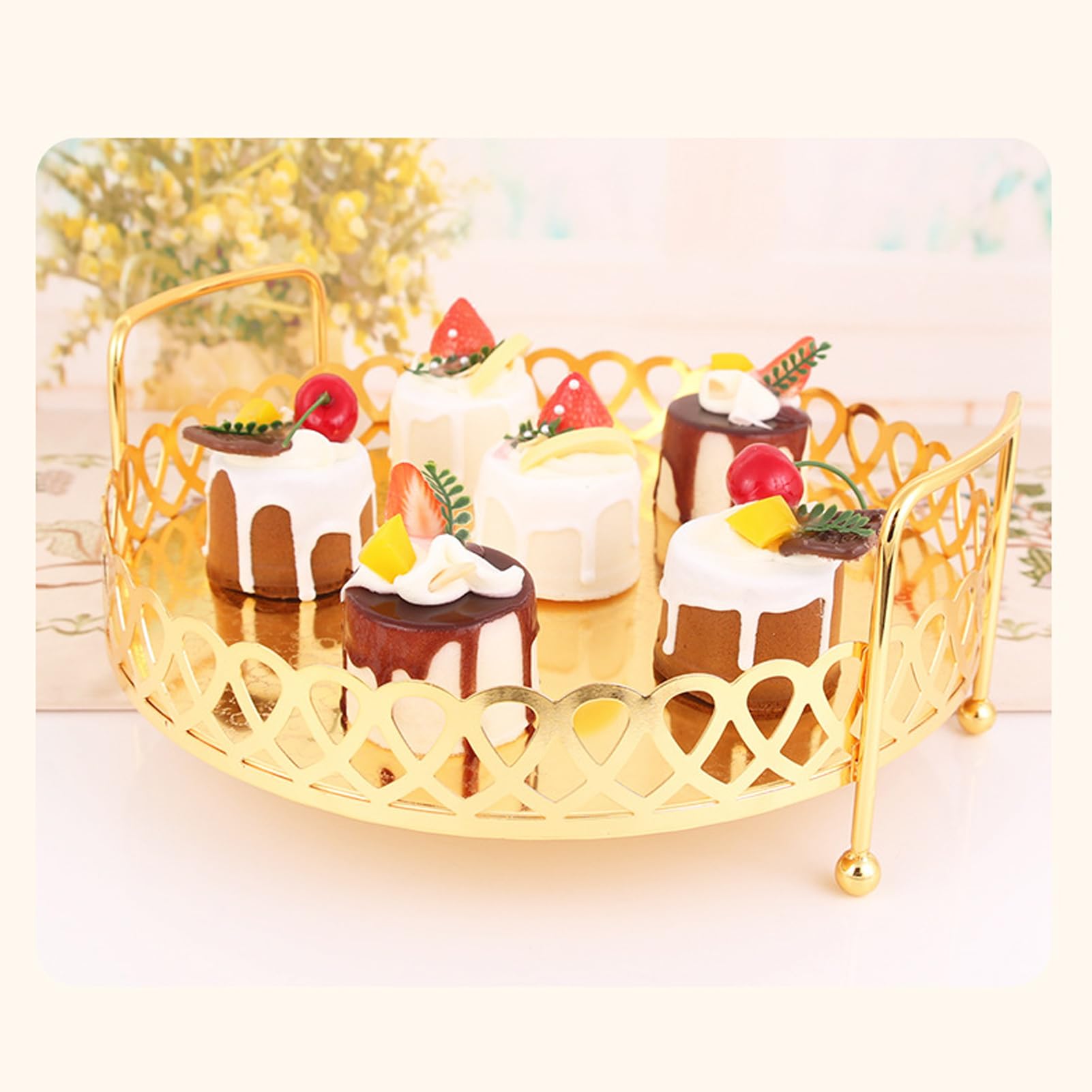 Tissting Vassoio Portafrutta Metallo Oro Maniglie Doppie Piedi Stabili 31cm