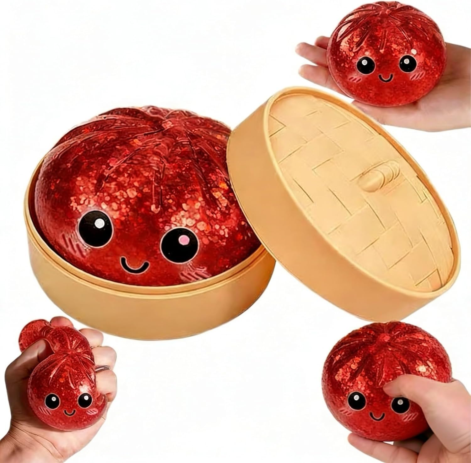 Dumpling Squishy,Dumpling Squishy Mystery Box， Glitter Sensory Fidget Balls Stress Relief Hand Toy for Adults & Teens, Easter BasketStuffers with Mini Food Steamer Stretchy Desk Toys (Gold Style 2) — view 7