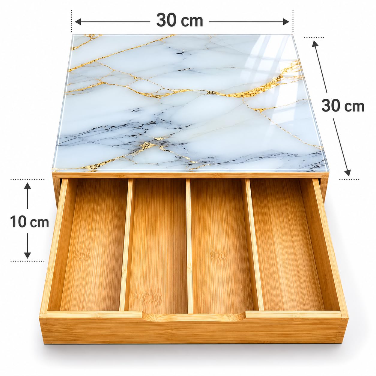 Cassetto Portacapsule in Bamboo con Piano in Vetro Effetto Marmo – Organizer Capsule Caffè 4 Scomparti, Porta Capsule e Cialde, Salvaspazio per Cucina e Coffee Station