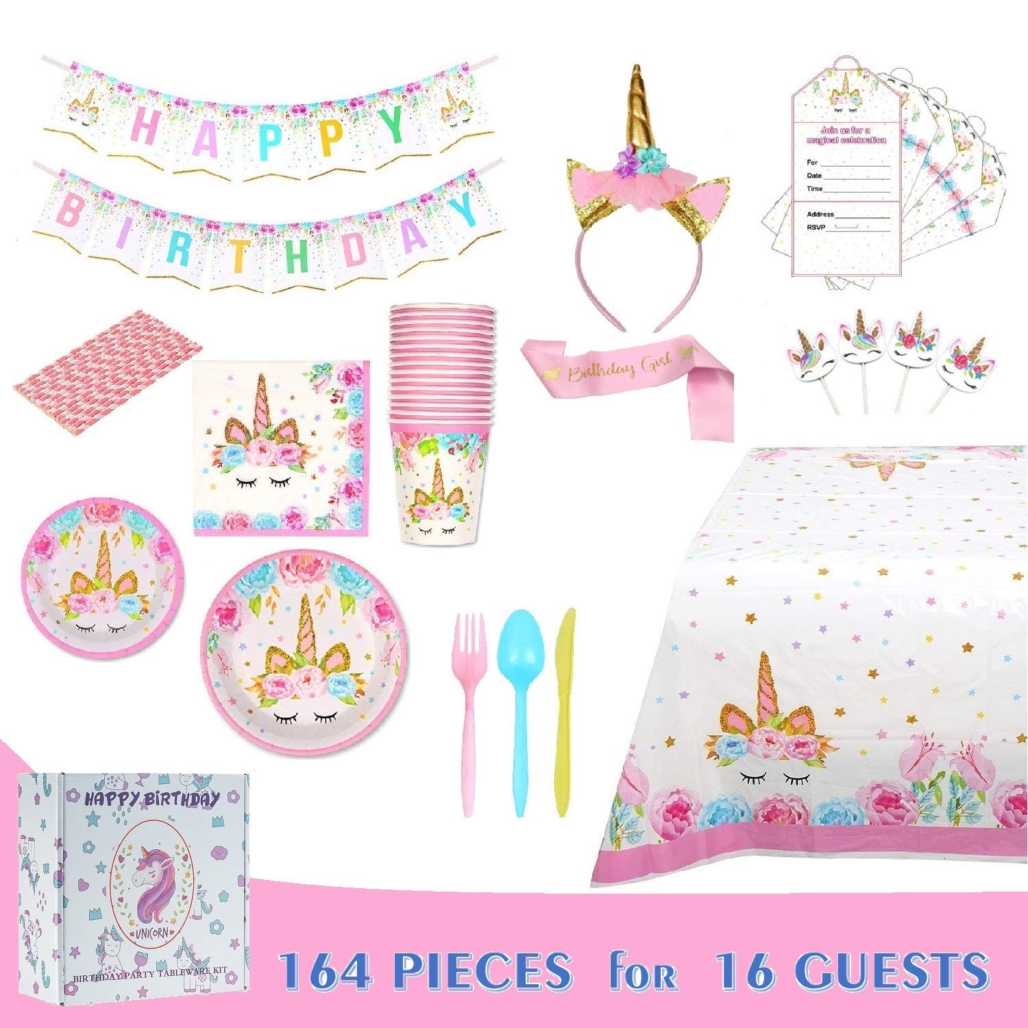 Unicorn Themed Birthday Party Supplies Set | Disposable Unicorn Decorations | Bonus with Unicorn Headband | No Washing Up | Serves 16