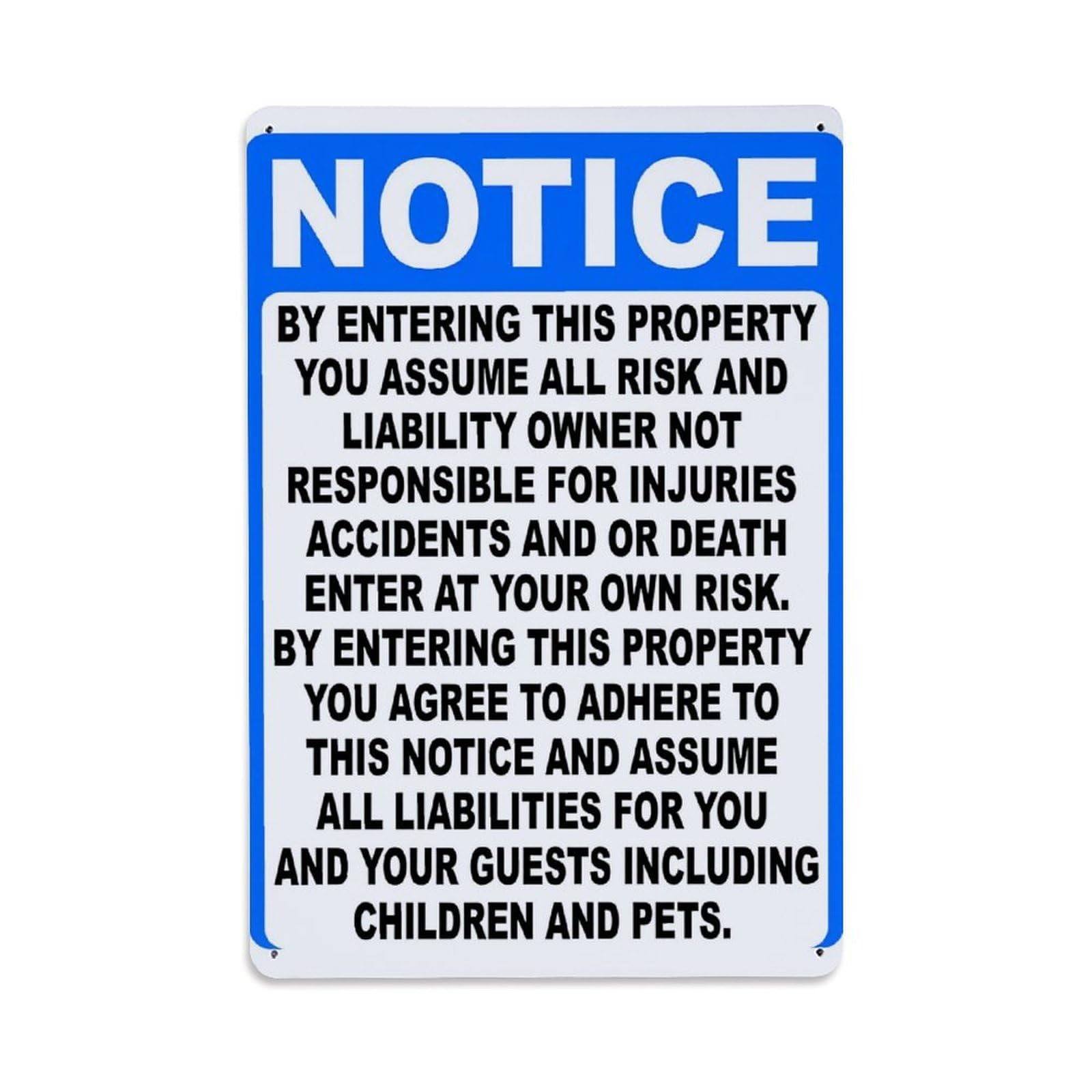 Enderetf Vintage Notice Warning Sign Property Risk Liability Tin Sign Metal Poster, Home Bar Garage Man Cave Cafe Indoor & Outdoor Wall Decoration 8X12inches