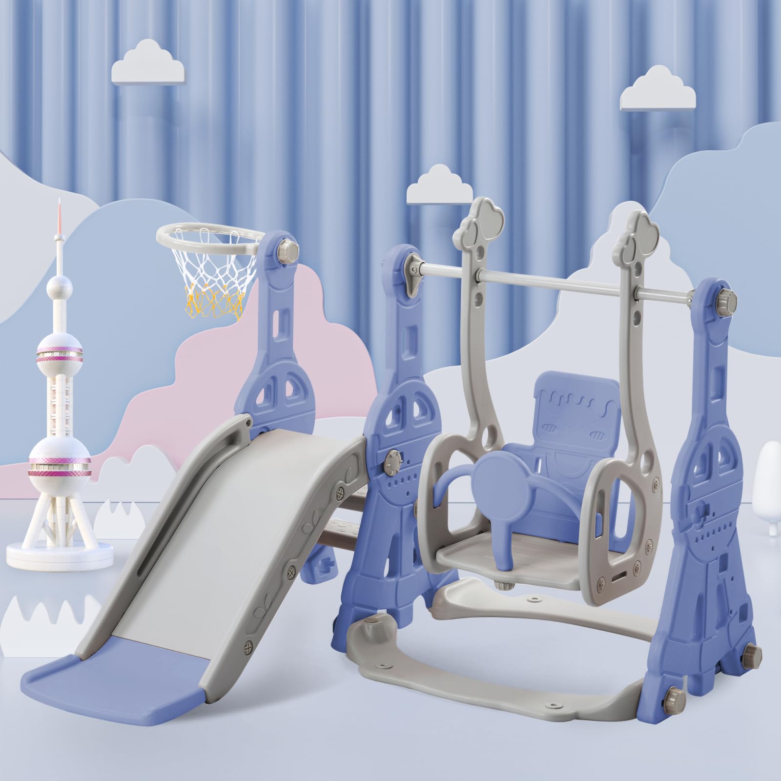 Scivolo per Bambini 4 in 1, scivoli all'aperto e al coperto, con cesto da basket, basket, altalena, scivolo e scaletta da arrampicata, area giochi al coperto e all'aperto (blu-2)