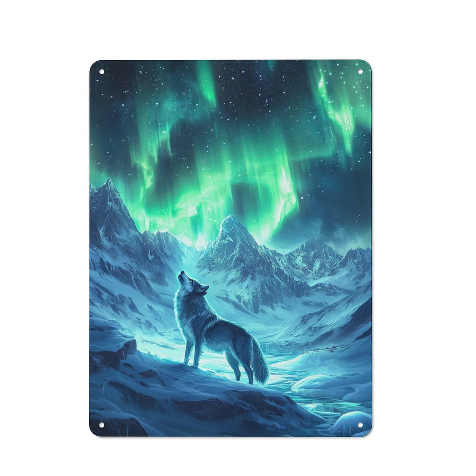 Everyday Vintage Metal Sign 40x30cm Featuring Wolf Under Aurora Borealis, Room Wall Plaque for Home, Shop, Pub Or Studio Wall