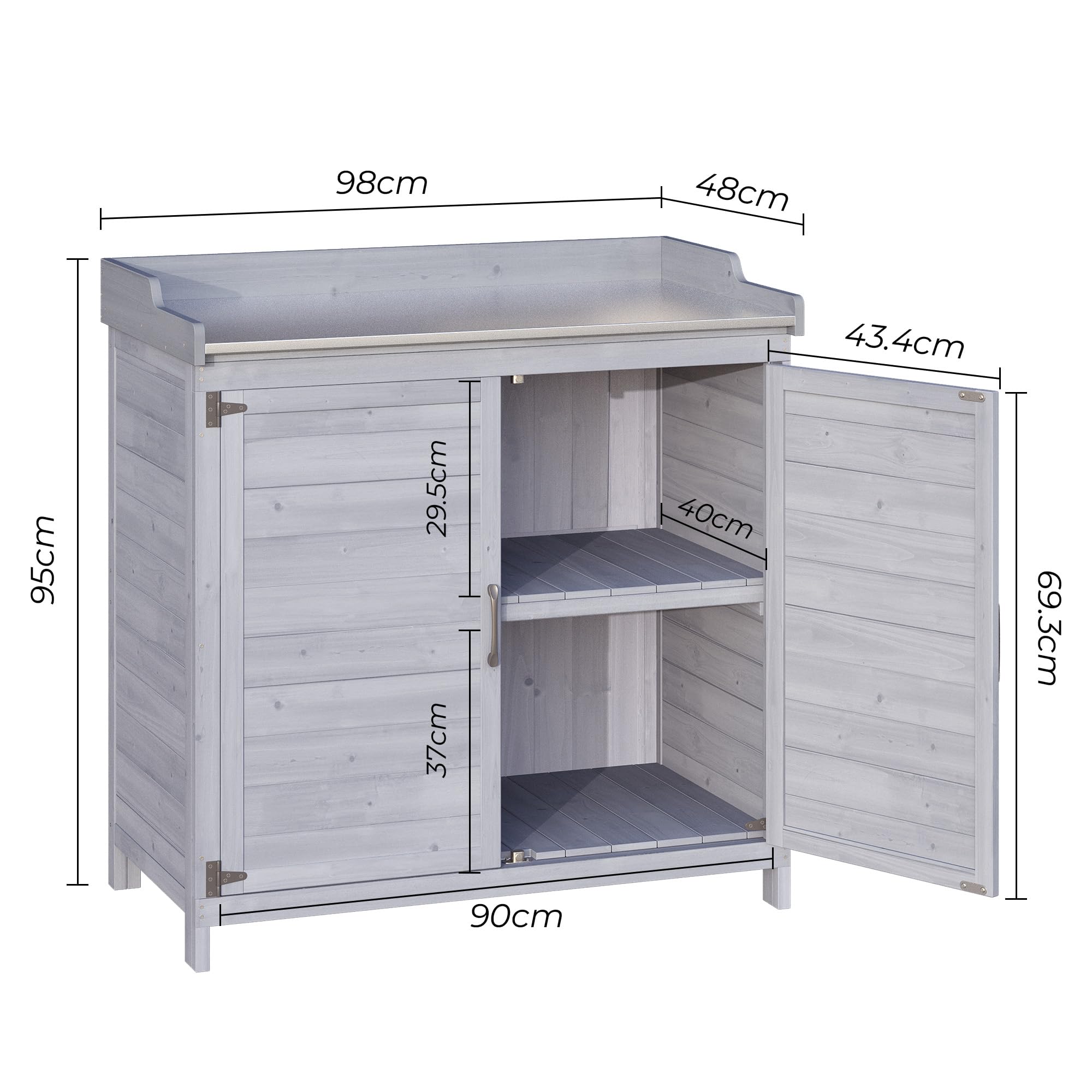 Pflanztisch mit Unterschrank, Gartenschrank mit verzinkter Arbeitsplatte & 2 höhenverstellbaren Einlegeböden, Balkonschrank für Garten, Balkon, Terrasse, 98x48x95cm (Grau)