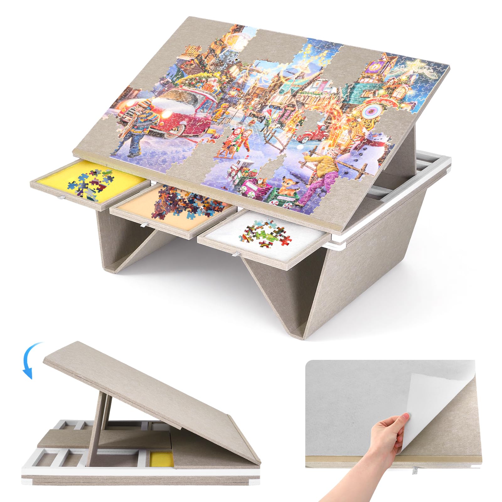 Mesa Puzzle 1500 Piezas, 3 en 1, Patas Plegables, 90x63 cm, Beige