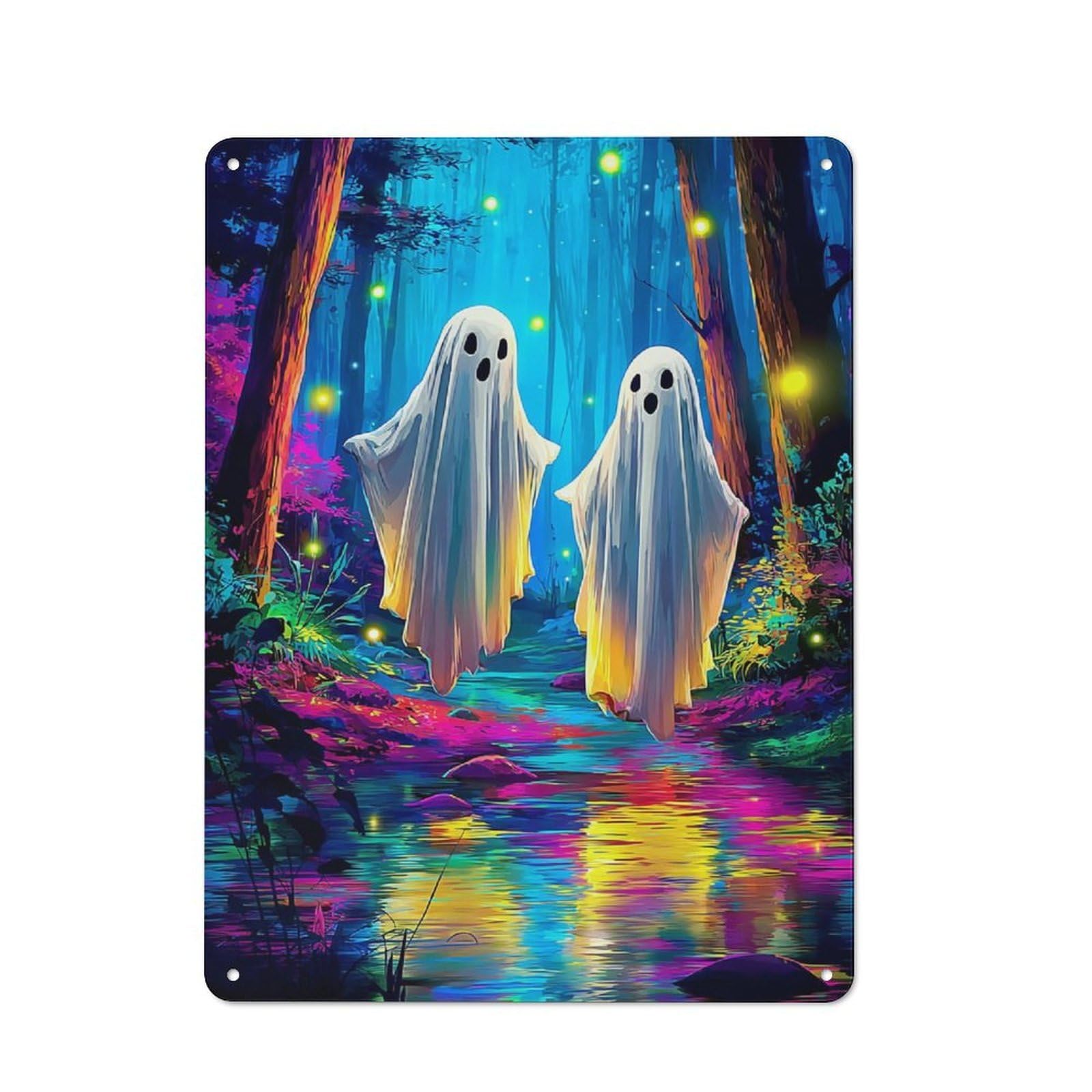 Junmoney Spooky Spirits In A Colorful Forest Creative Metal Wall Decor 40X30cm, Metal Desk Wall Sign For Hobby Room, Office, Lounge Or Living Room