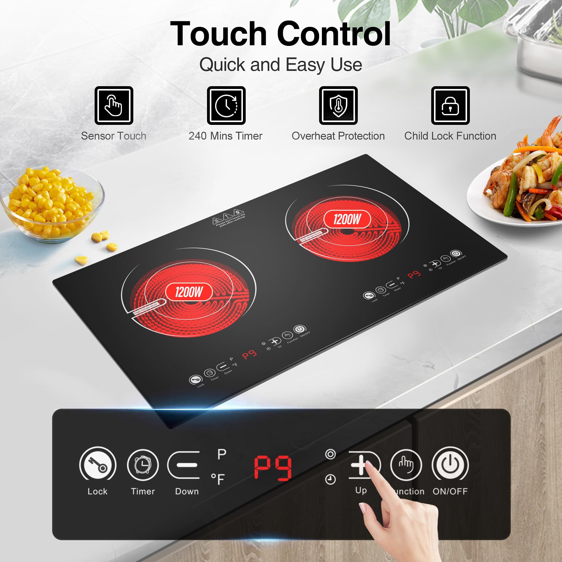 Cocina eléctrica de 2 quemadores, estufa eléctrica de 110 V 2400 W con control táctil, 9 niveles de calefacción, temporizador y seguridad para niños 6