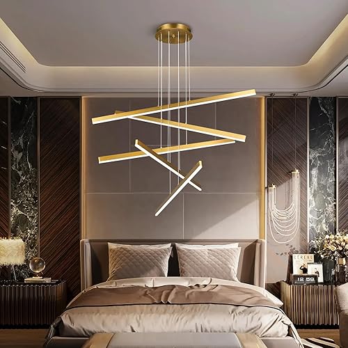 Miniatura 4 de zhllmq Moderno candelabro LED dorado regulable para comedor, altura ajustable, luz colgante lineal, tira larga, accesorios de luz elegantes para