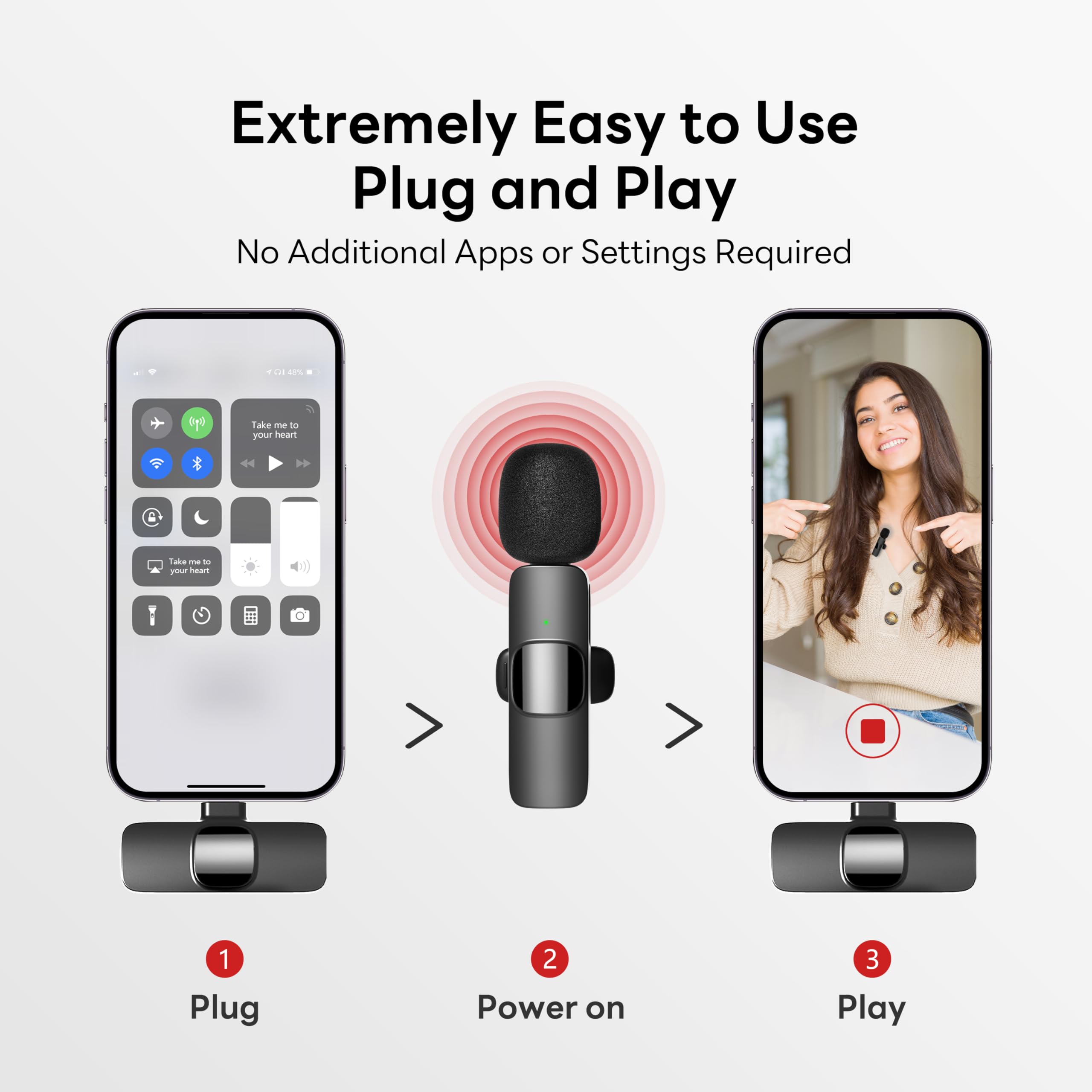Kabelloses Lavalier Mikrofon für iPhone & Android | Mini Funkmikrofon mit USB-C & Lightning, DSP-Rauschunterdrückung, Plug & Play, 10 Std. Akku