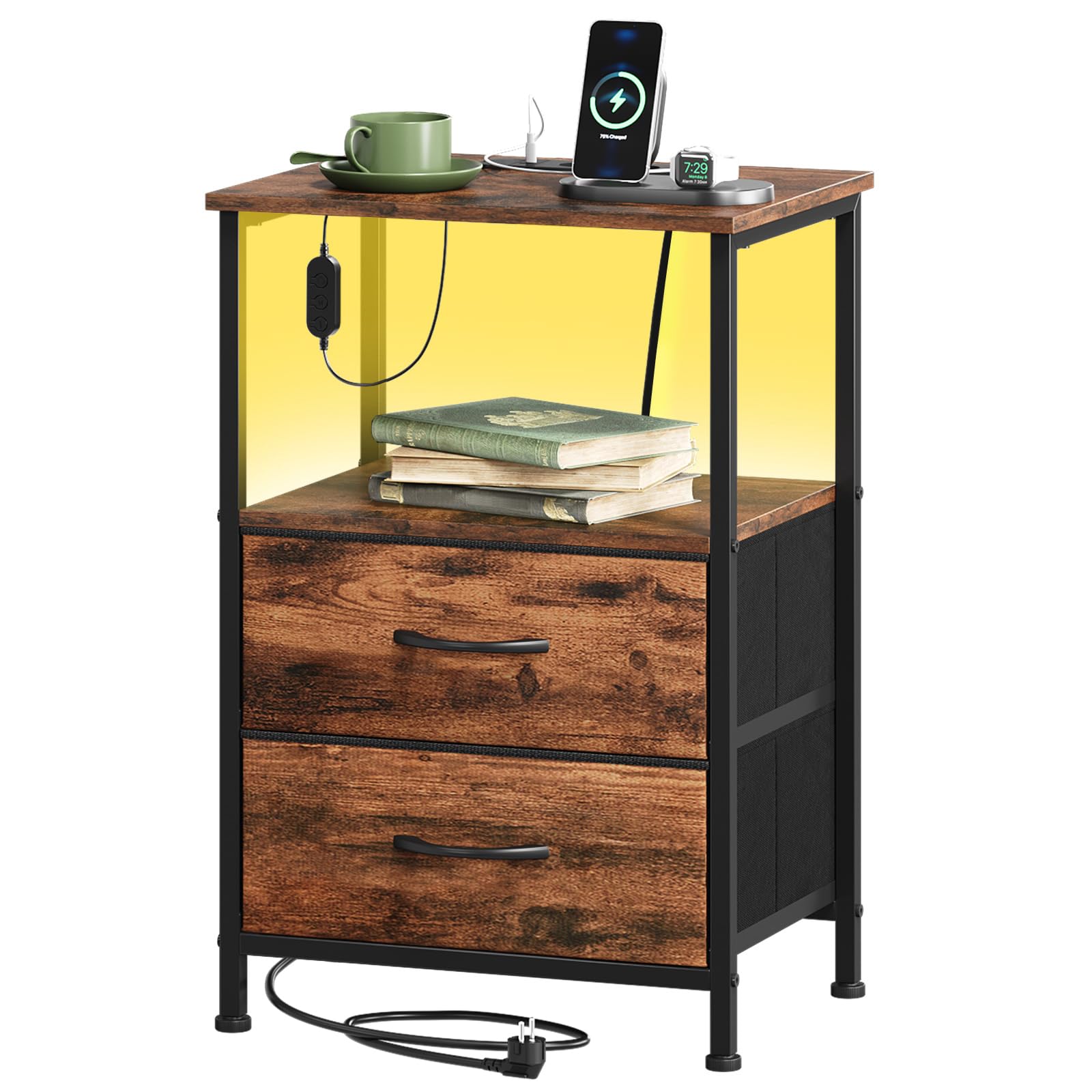 Somdot 2 Drawers Nightstand with Charging Station and LED Light for Bedroom, Small Dresser with Fabric Bins for Bedside Kids Dorm Room Closet Laundry