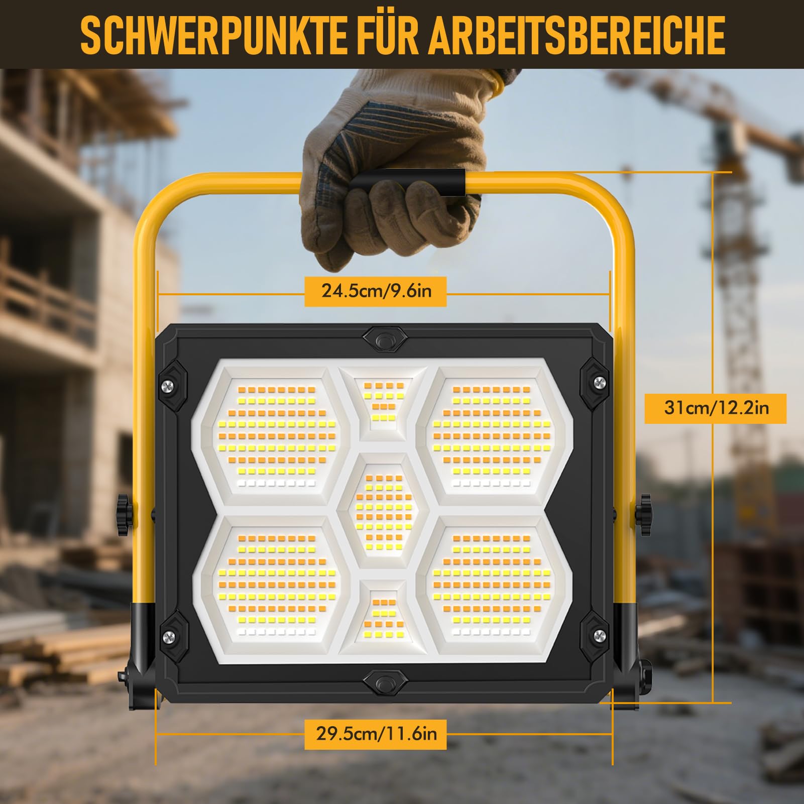 Viugreum 150W Lámpara de Trabajo LED Solar, Foco LED Recargable 15000LM con Puerto USB, 3000K/4500K/6500K Lámparas de Camping, Proyector Inalámbrico IP66 para Obras, Pesca, Senderismo, Taller