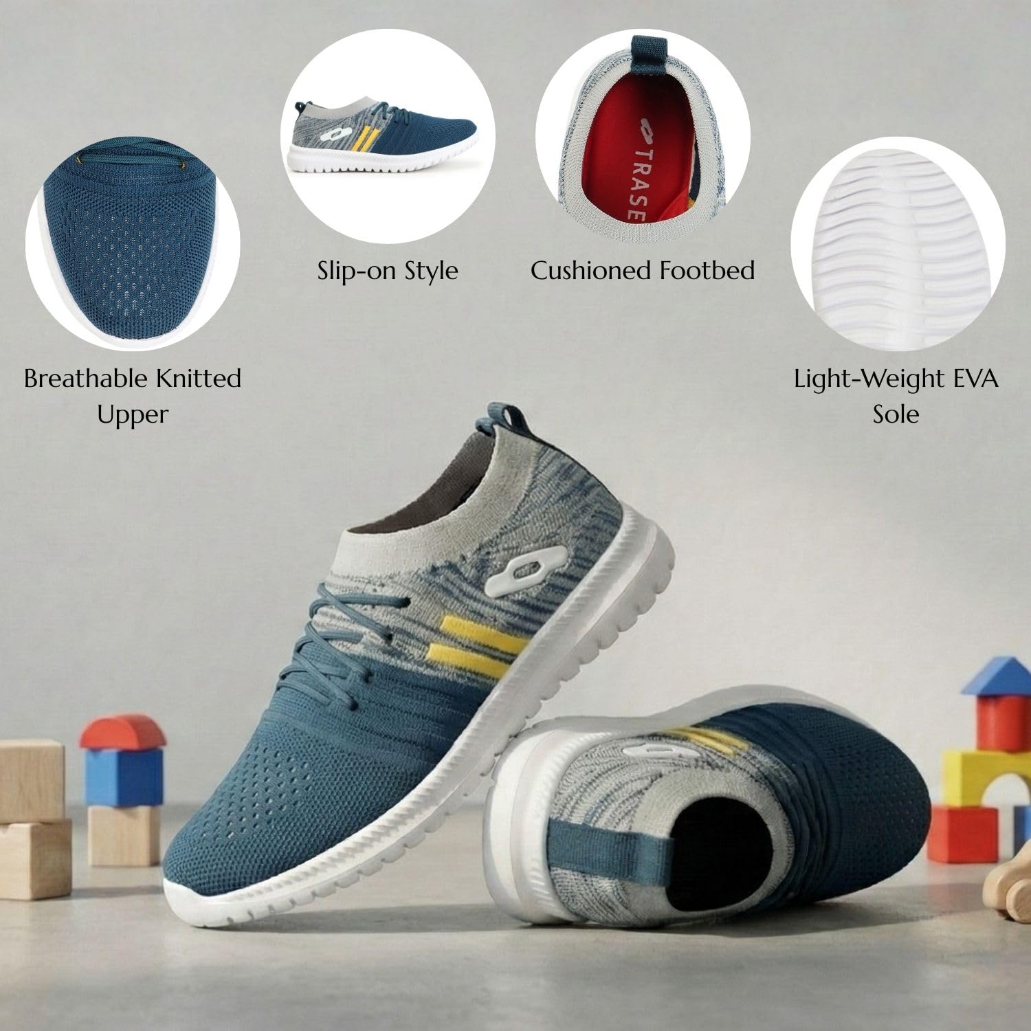 TRASE Kids Sports Shoes for Boys | Lightweight Comfortable Running & Walking Shoes with Anti-Skid Sole (Blue-Yellow, 11 UK)