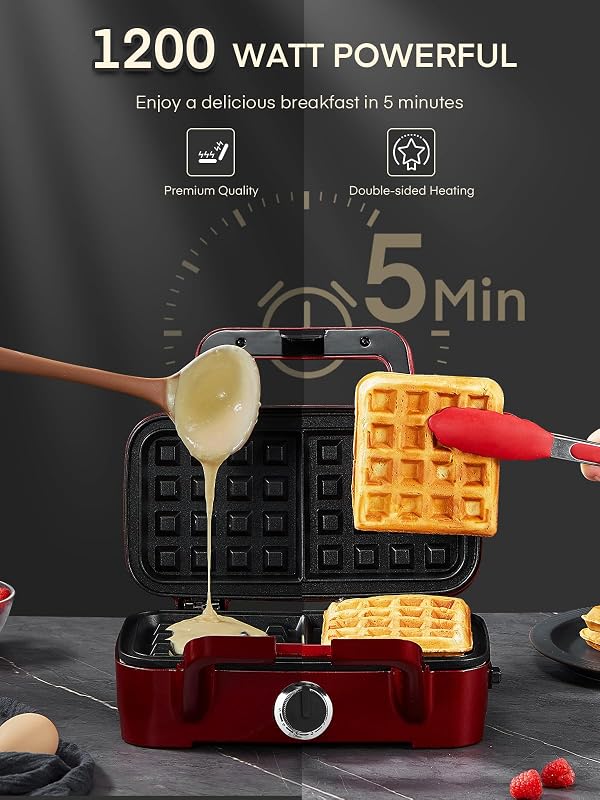FOHERE 3-in-1 Szendvicssütő, Gofrisütő és Kontaktgrill 1200W - 5 Fokozatú Hőszabályzó, Tapadásmentes Lapok, Mosogatógépben Mosható, Piros