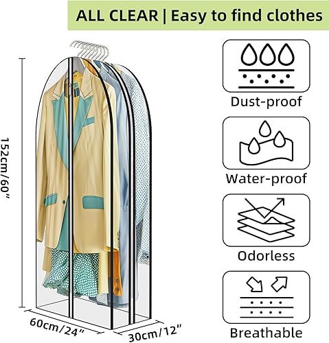 Miniatura 5 de Bolsas de ropa transparentes con fuelle de 12 pulgadas para colgar ropa, bolsas de traje de 60 pulgadas para almacenamiento de abrigos, vestidos y