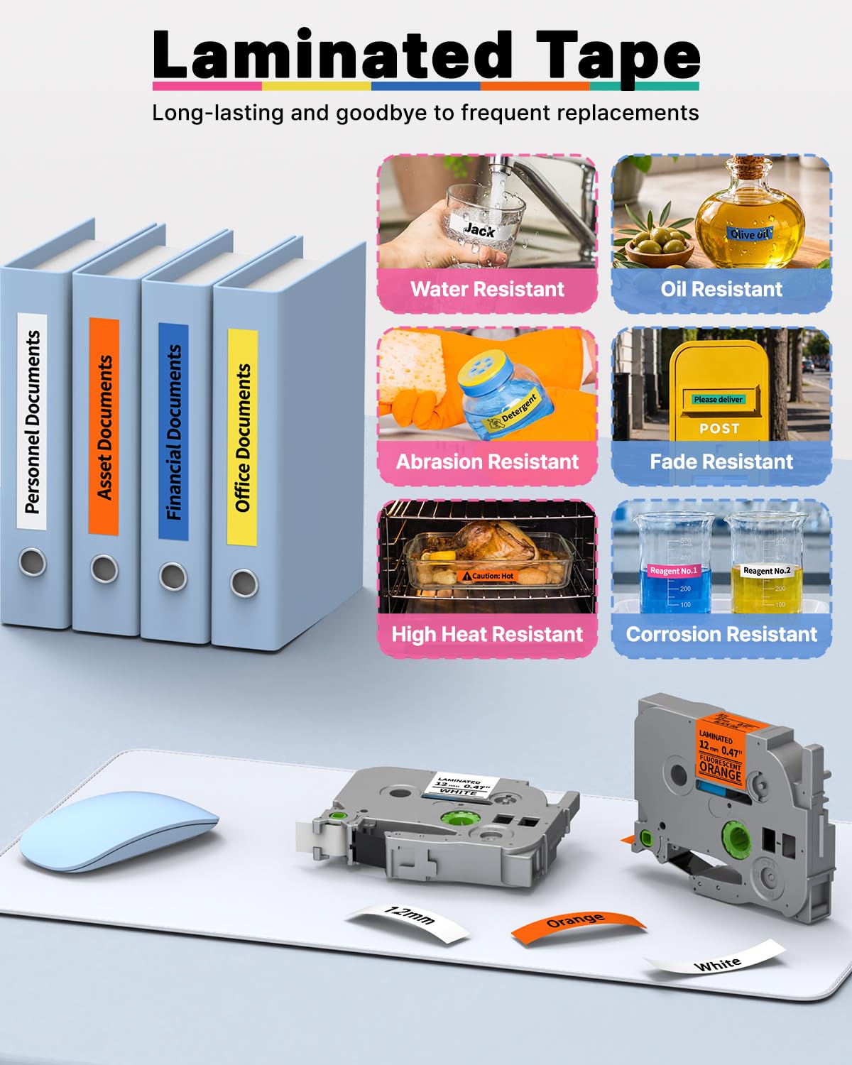 Repuesto para Brother P Touch Label Maker Tape TZe TZ Tape de 12 mm 0.47 repuestos laminados de colores para PT-D210 D220 H110 D400 D410, blanco/azul/amarillo/verde/naranja/rosa baya, paquete de 6